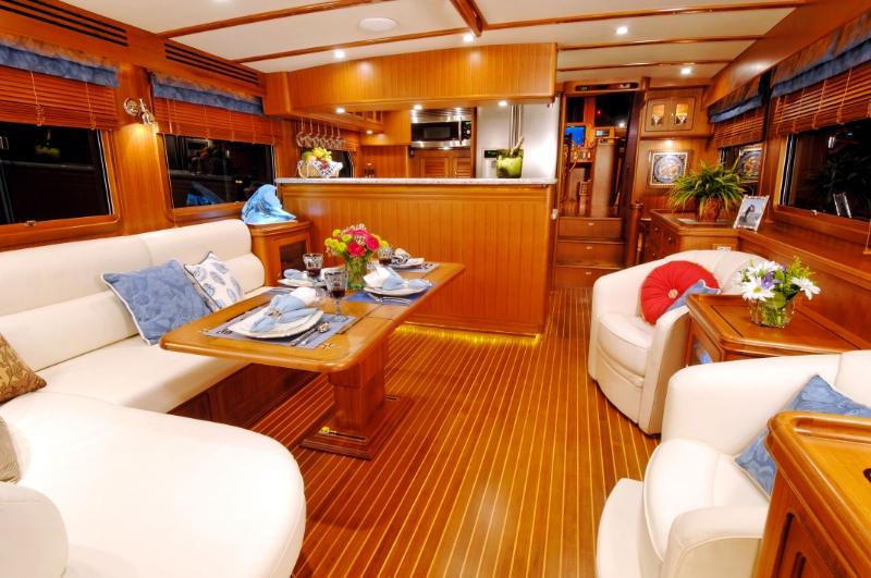 Luxurious interior of 2026 Selene 54 Classic Explorer yacht with elegant dining area.