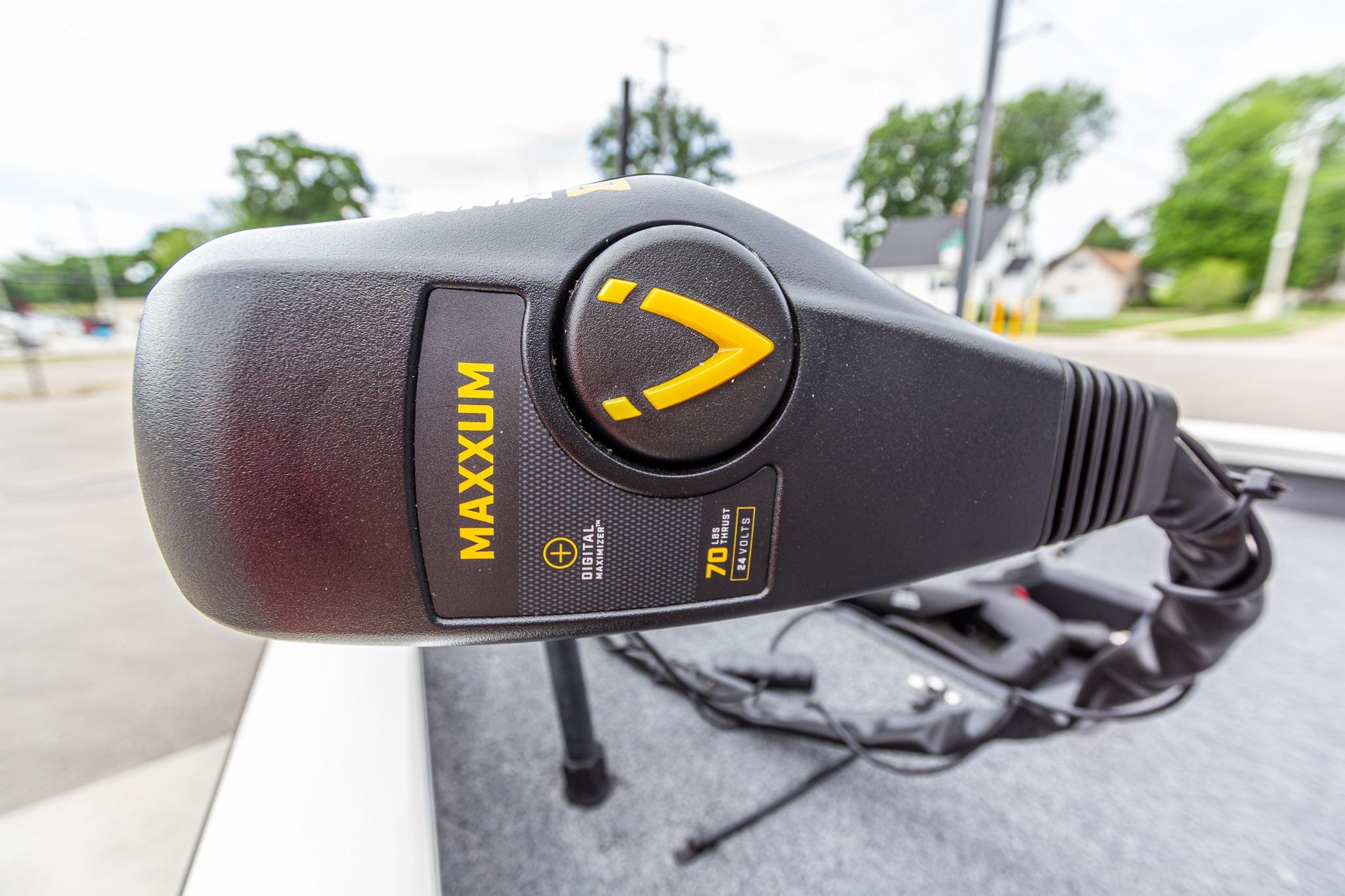 Close-up of Maxxum trolling motor on 2023 Tracker Pro Team 190 TX boat.
