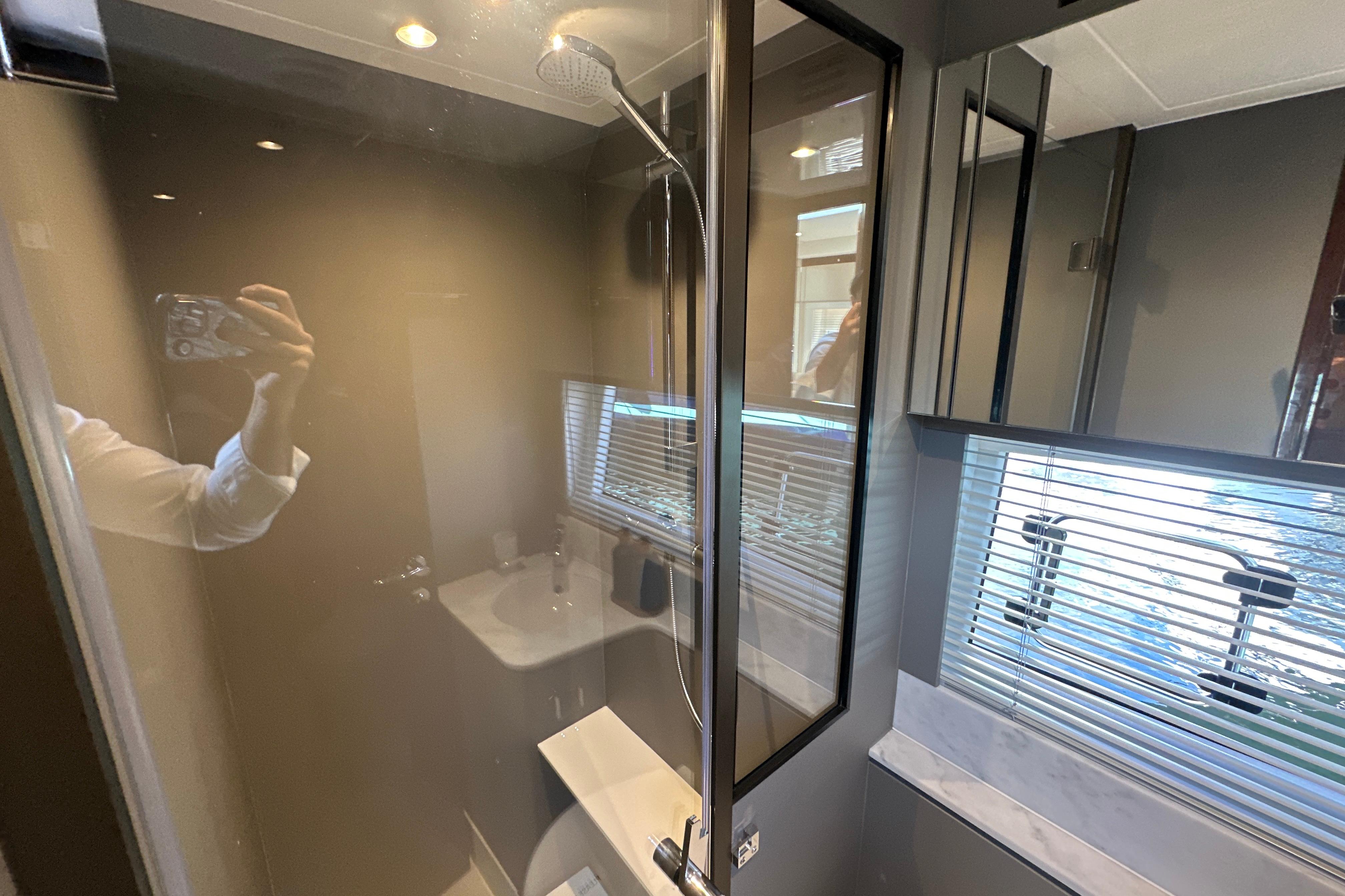 Modern bathroom interior of 2026 Fairline Targa 47 GT yacht.
