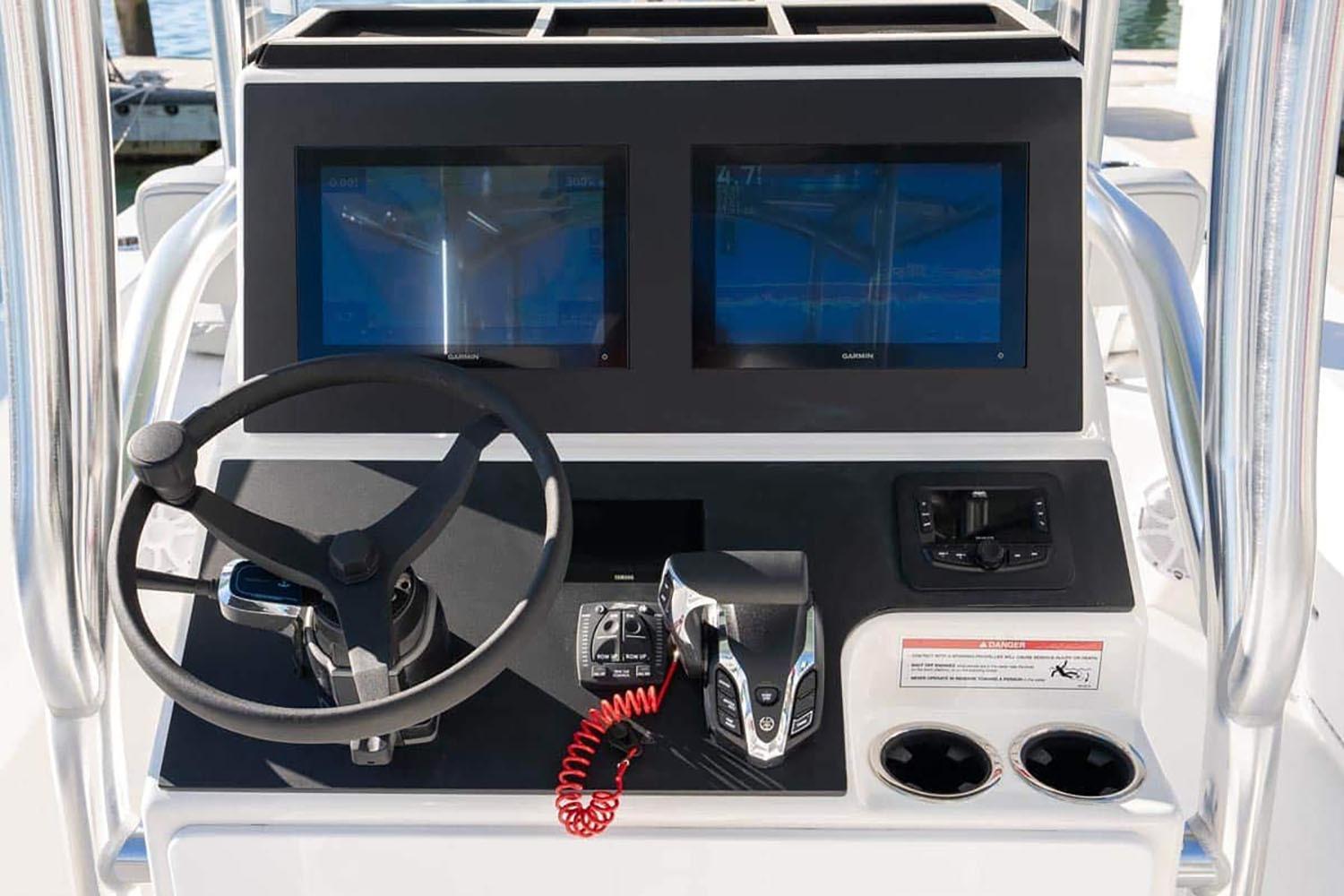 Manufacturer Provided Image: 2025 Bay Rider 269 Bay boat console with dual screens and steering wheel.