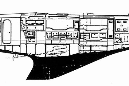 Blueprint of 1982 Nautor Swan 65 yacht interior layout, showcasing cabin and living areas.