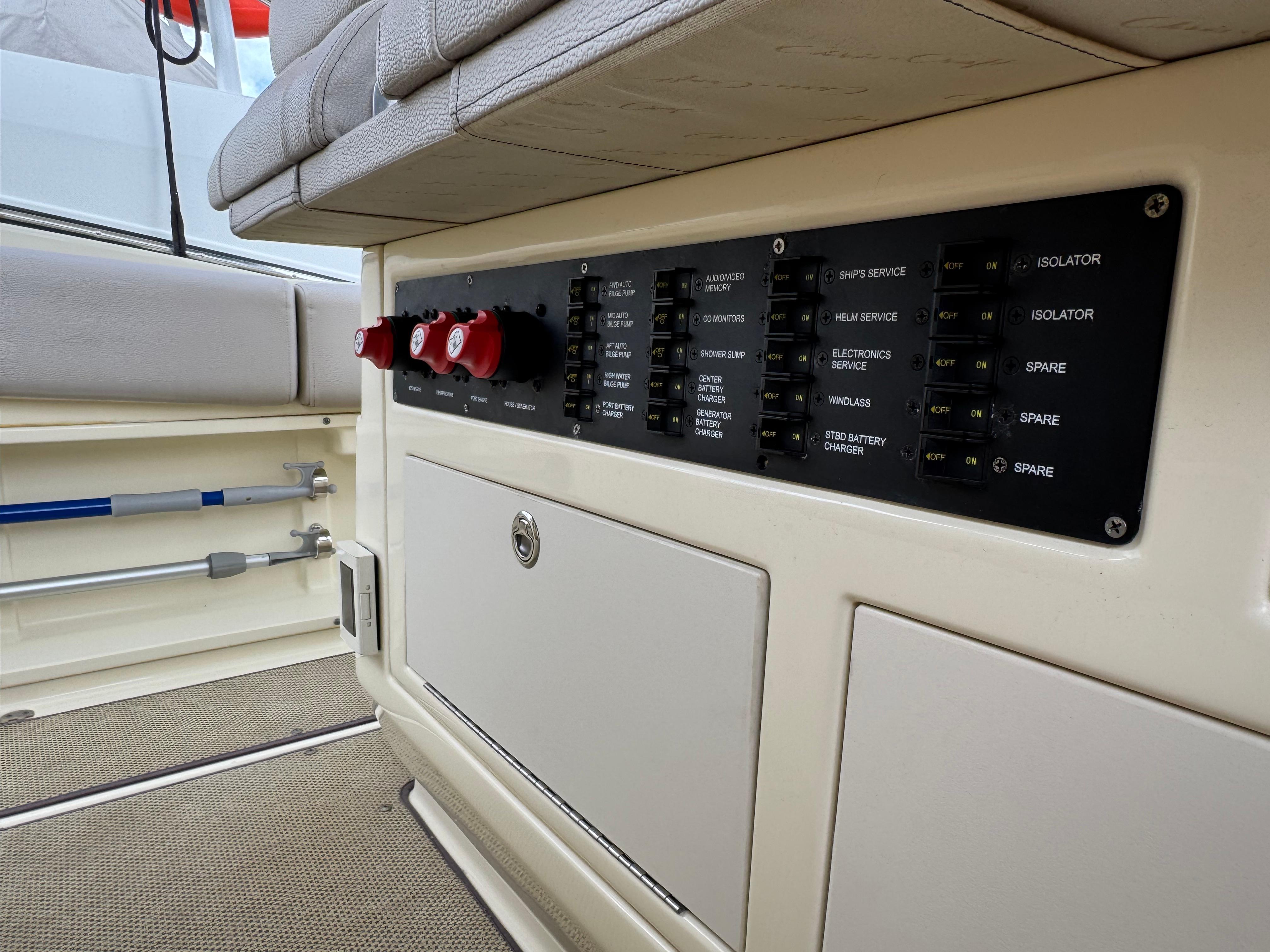 2018 Chris-Craft Catalina 34 electrical panel with switches and controls.