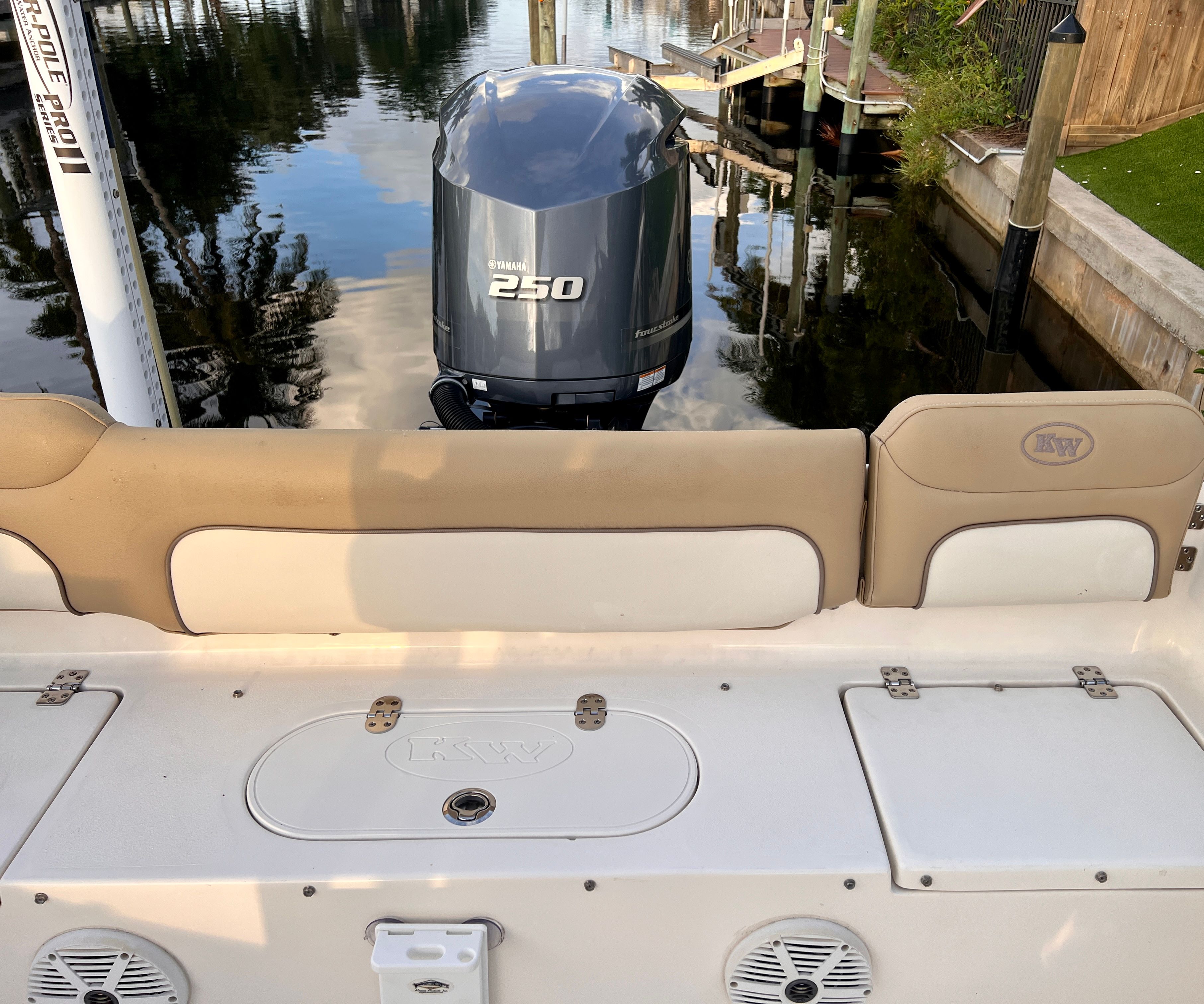 The image shows the stern of a Key West 239 FS boat with a Yamaha 250 outboard motor.