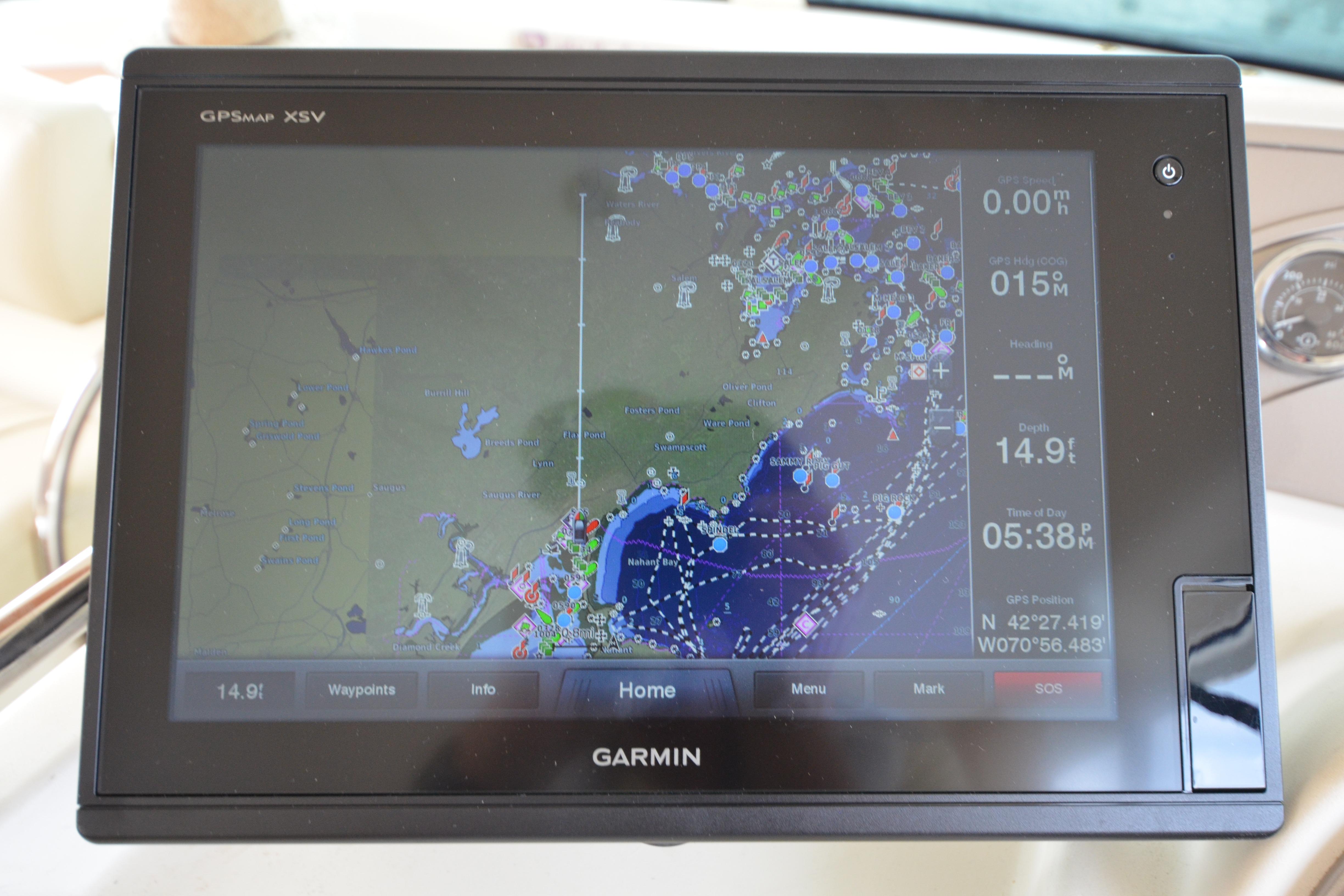 Garmin GPS display on 2007 Jeanneau Prestige 46 yacht, showing nautical chart and navigation data.