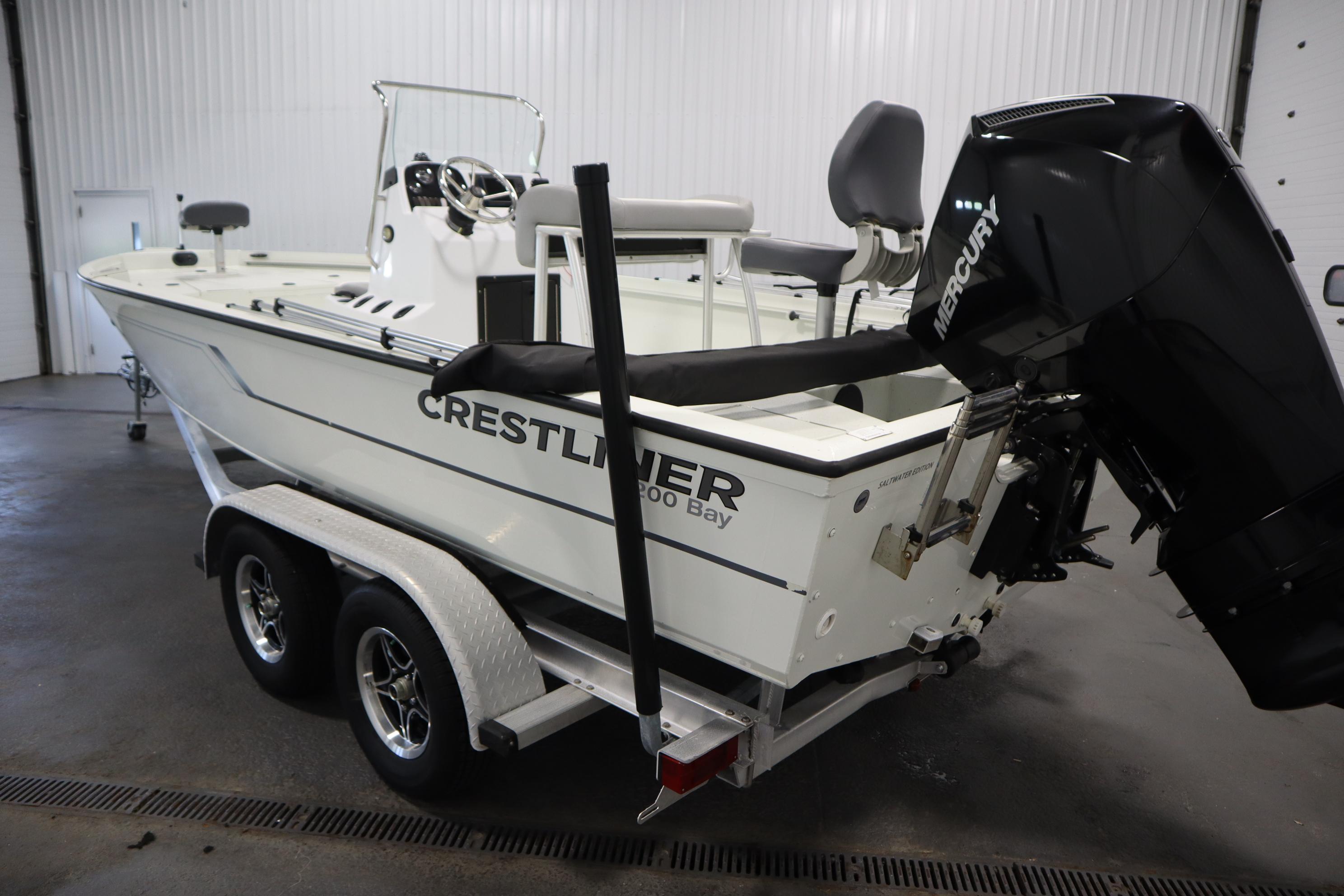 2022 Crestliner 2200 CC boat on trailer in indoor storage.