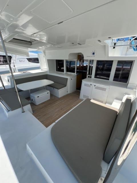 2017 Lagoon 450 F catamaran interior with spacious seating and modern design.