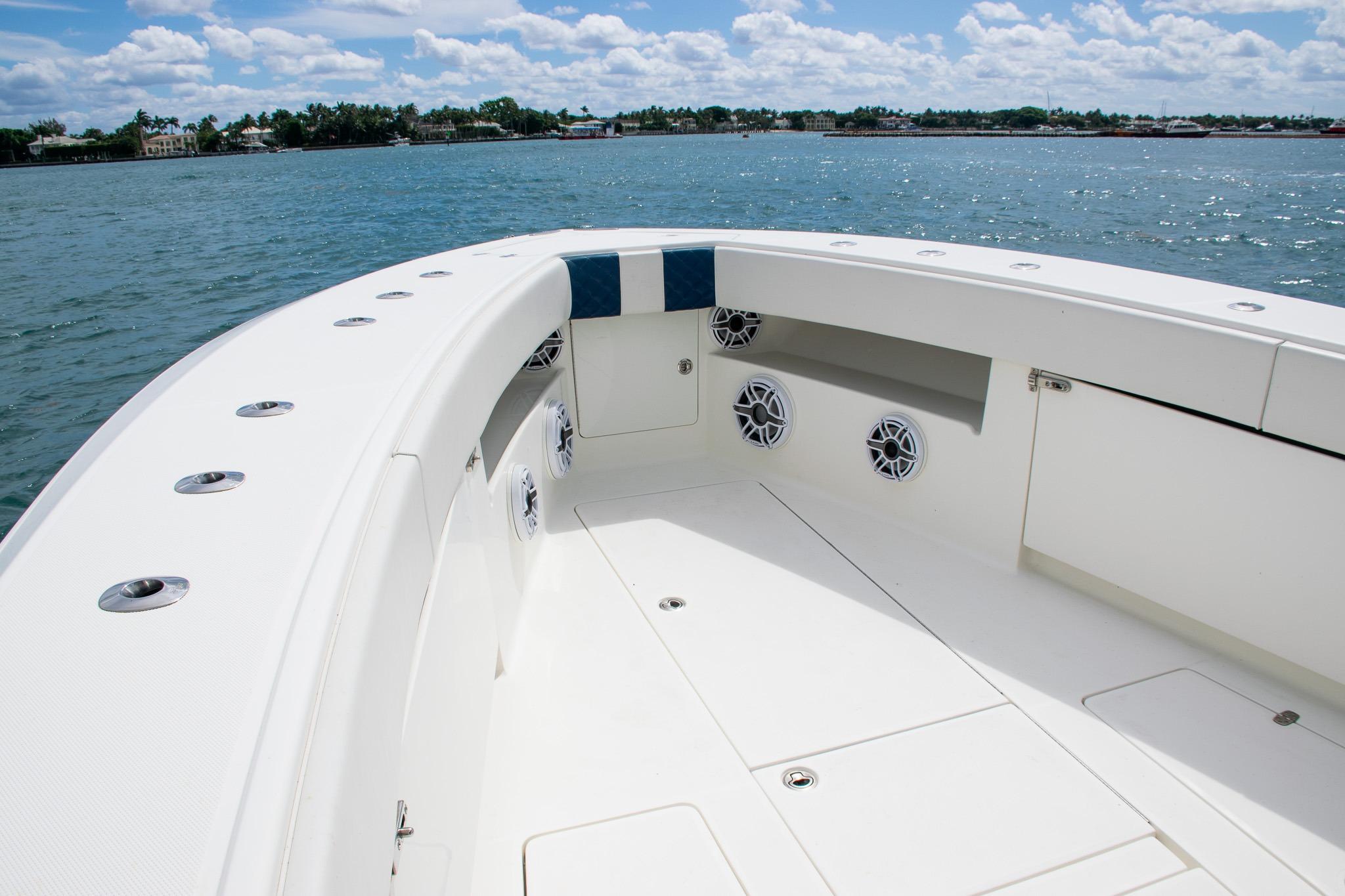 2022 SeaVee 390Z boat deck with ocean view and clear sky.