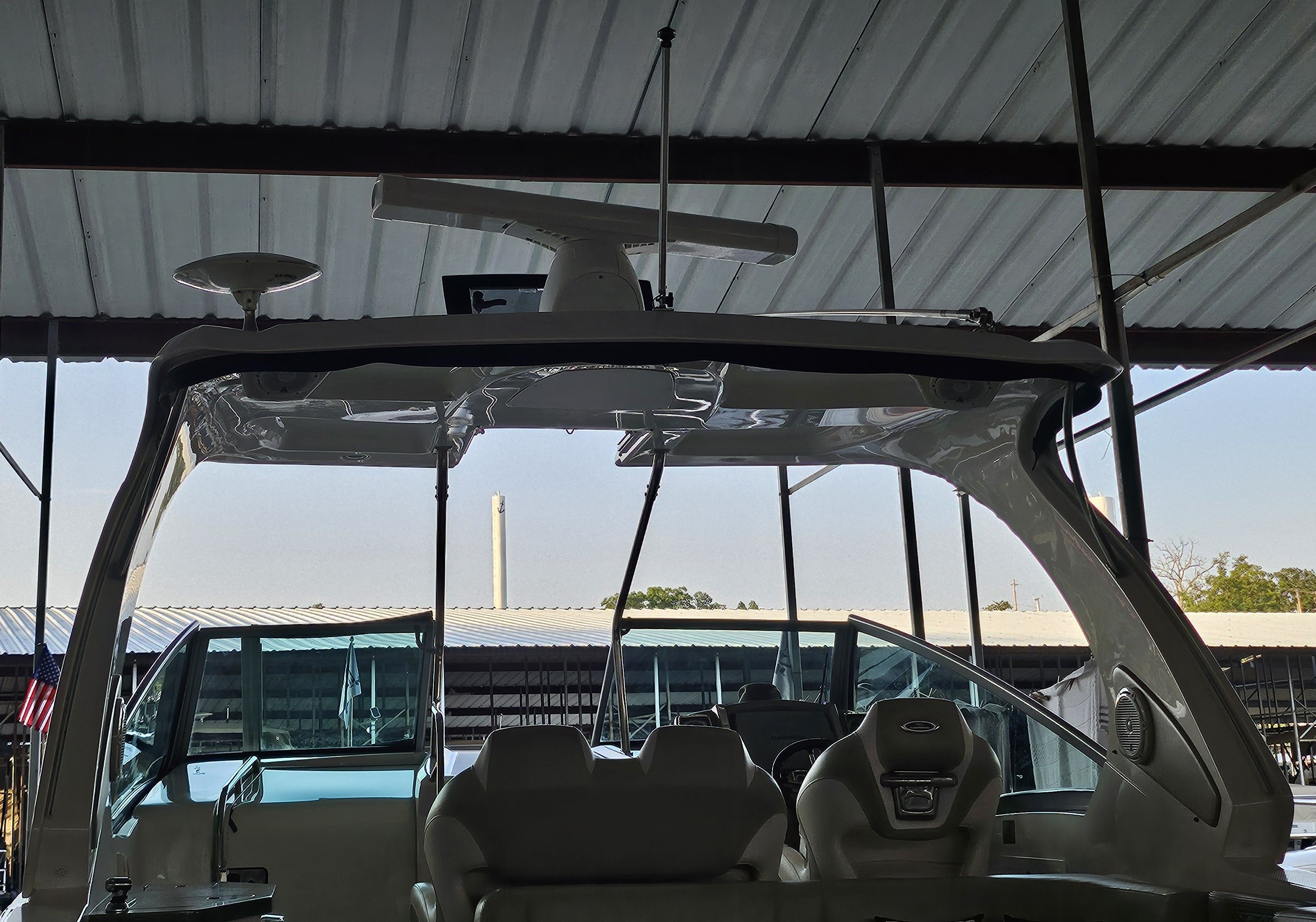 2014 Chaparral 330 Signature boat in dock, interior view.