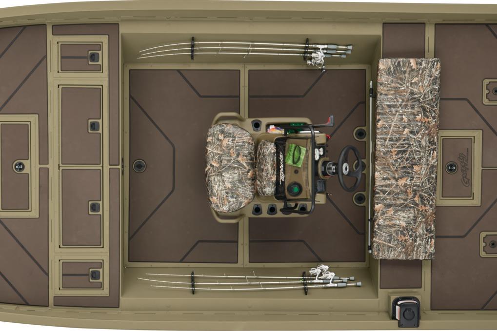 2024 Tracker Grizzly 2072 CC boat interior with camo seating and fishing rod storage.