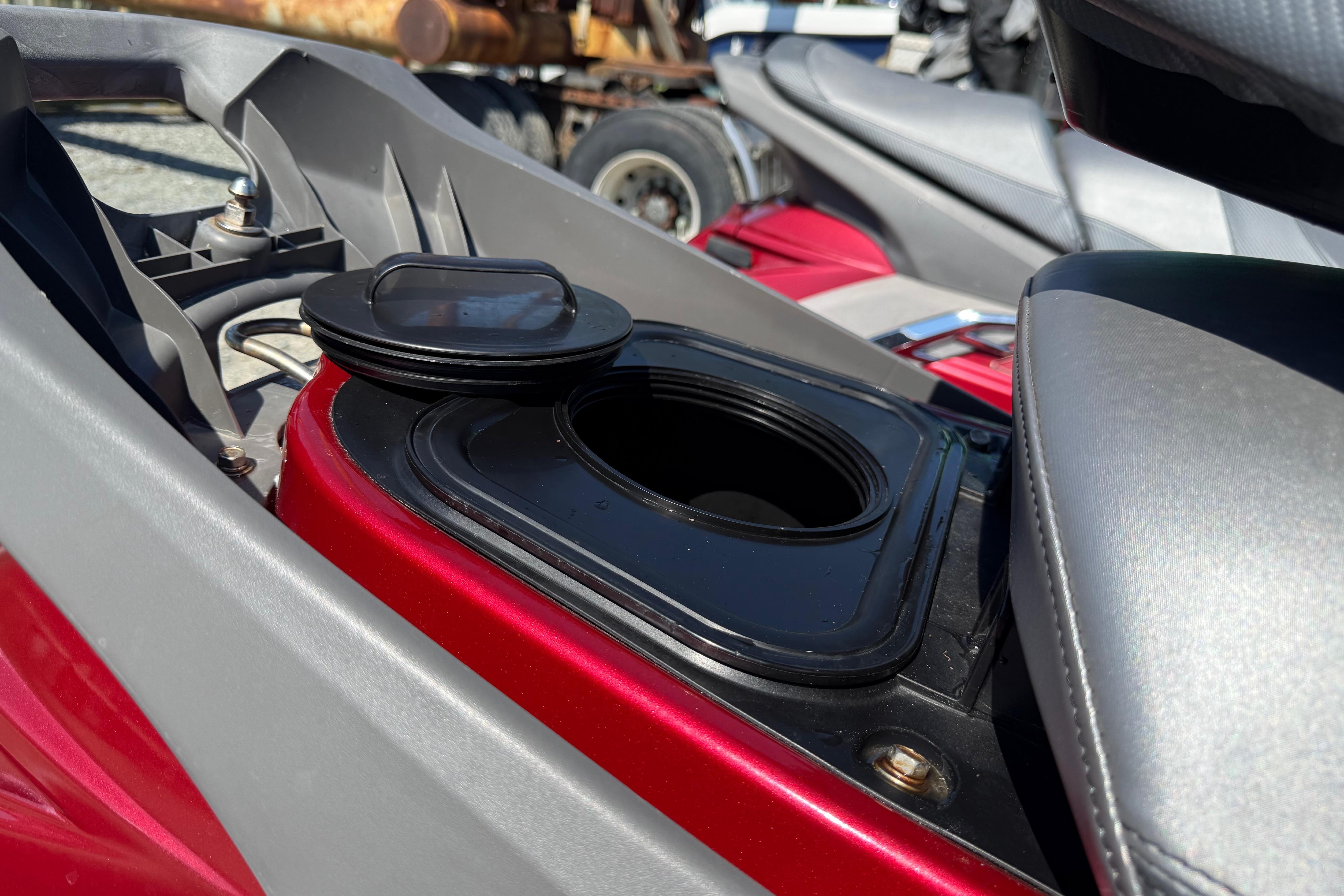 2013 Yamaha WaveRunner FX HO storage compartment with open lid, showcasing interior details.