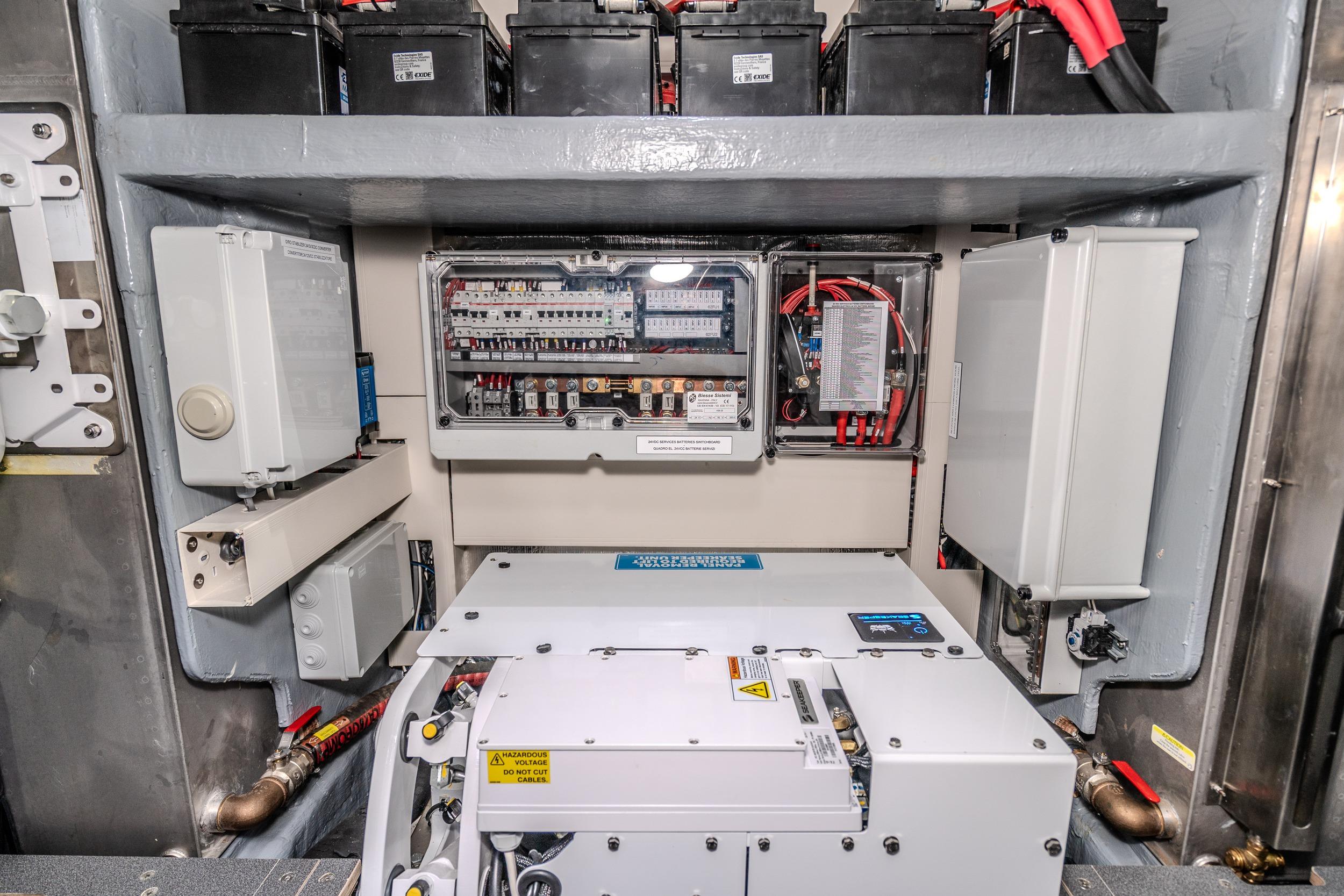 Electrical system of 2026 Absolute 48 Coupe yacht, featuring batteries and control panels.