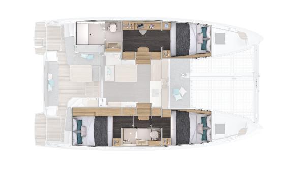 2025 Lagoon 38 catamaran interior layout with cabins, bathrooms, and living area.
