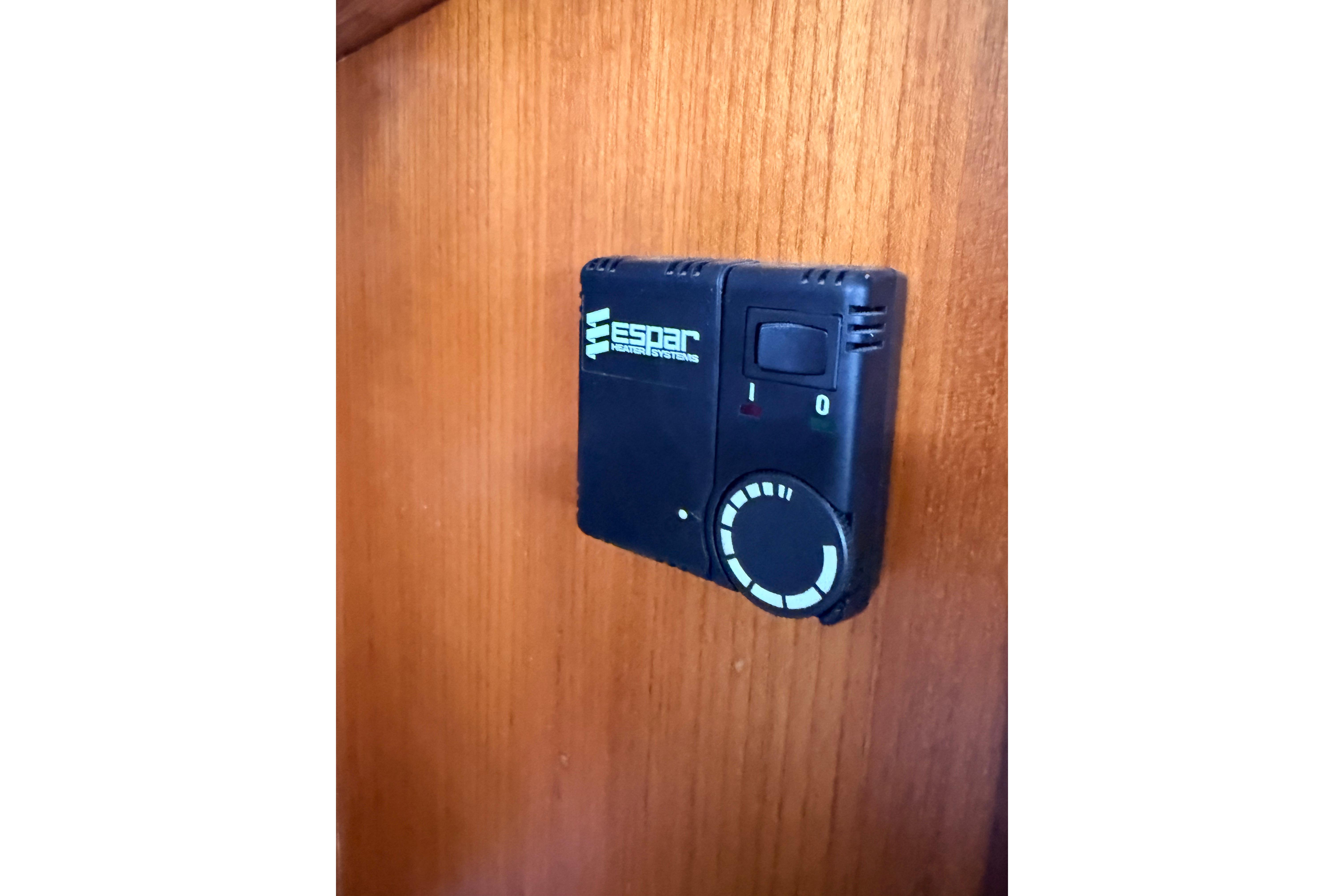 Espar heater control panel on 1987 Norseman 400 wooden interior.