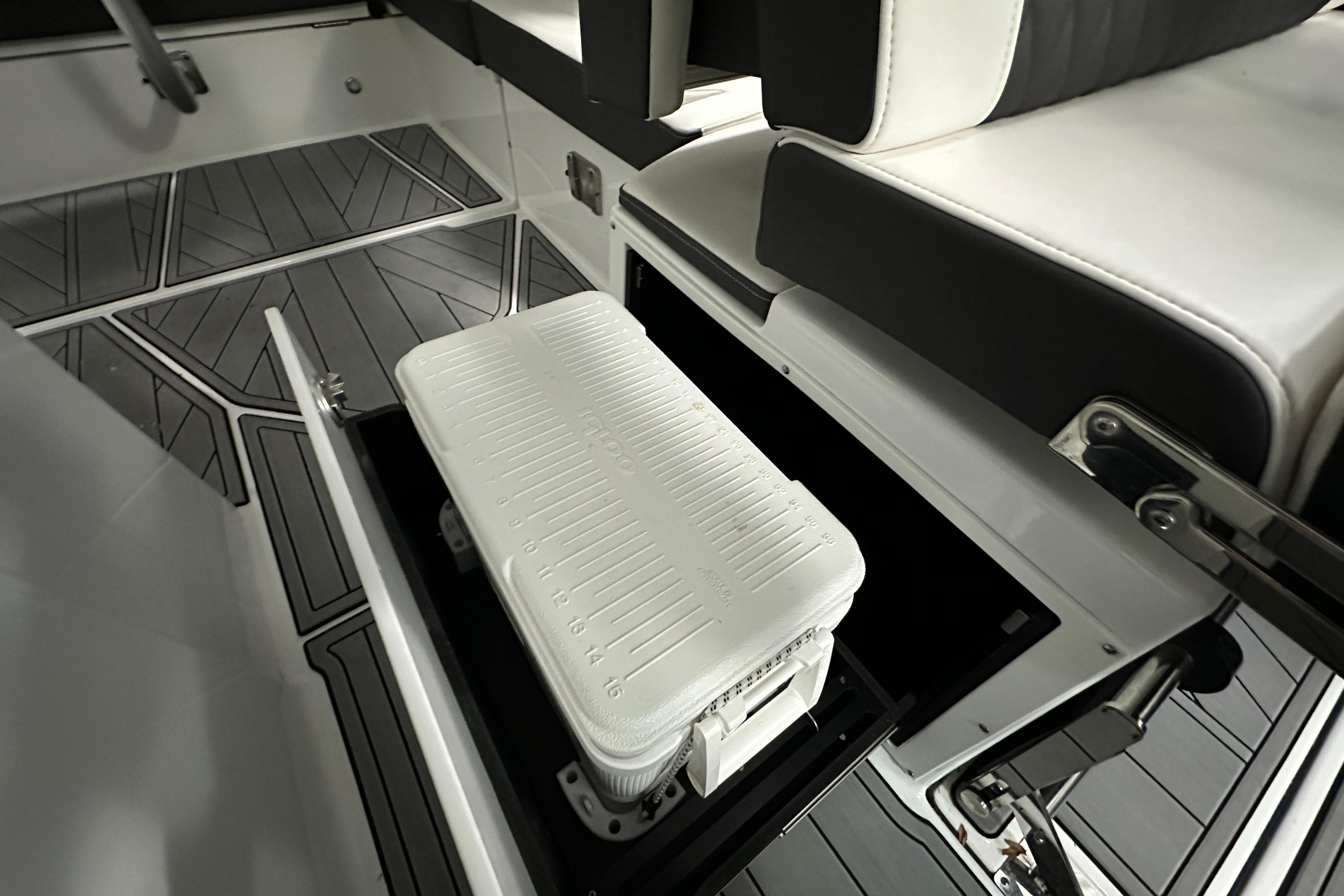 2023 Monterey 378SS Super Sport boat interior with built-in cooler storage.