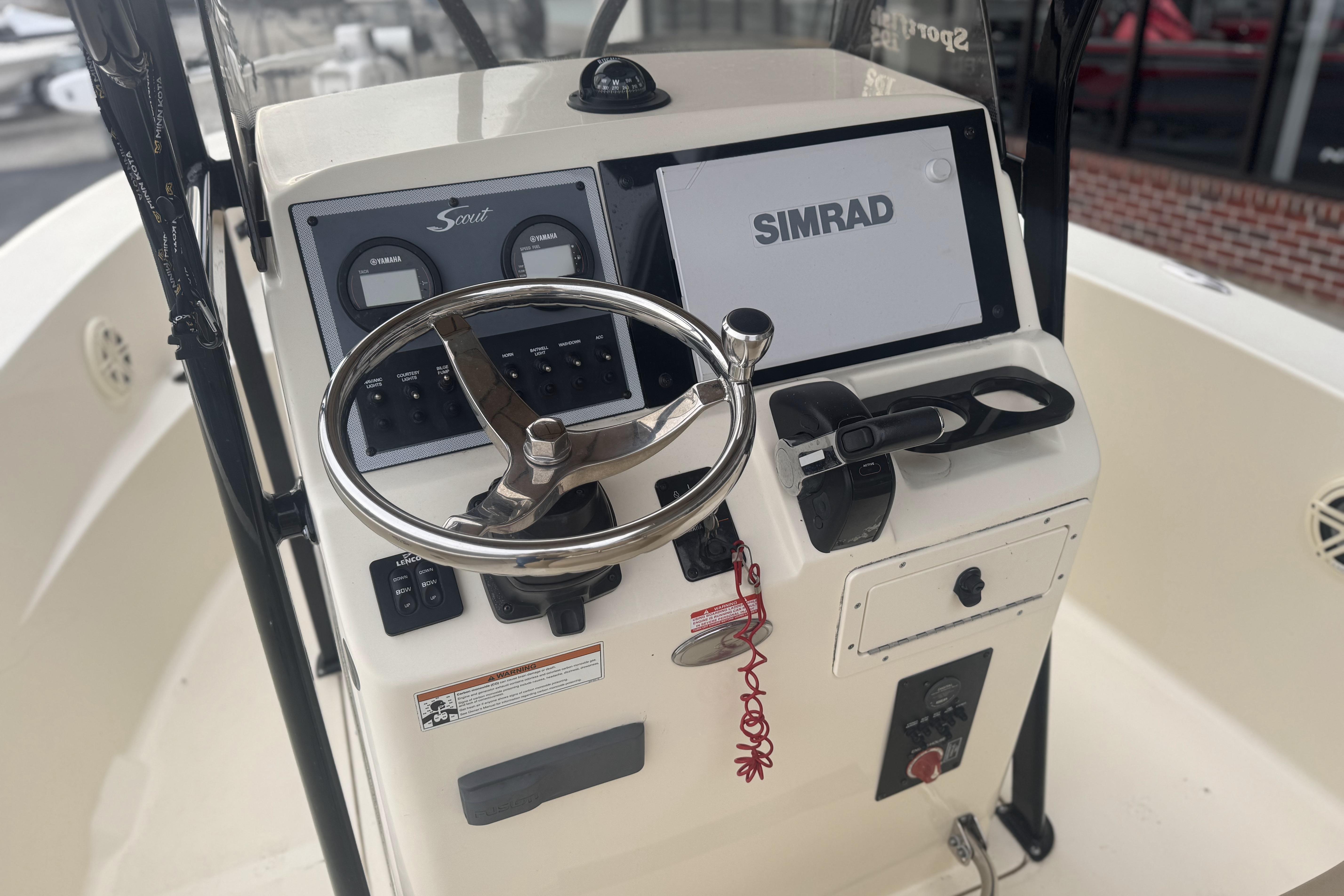 Control panel of 2020 Scout 195 Sportfish boat with Simrad display.