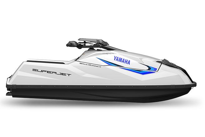 Manufacturer Provided Image: 2026 Yamaha WaveRunner SuperJet, sleek white design with blue accents, side view.