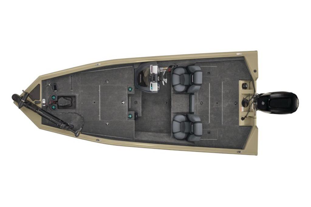 2026 Tracker Pro Team 175 boat, top view, featuring dual seats and motor.