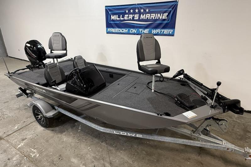2026 Lowe Skorpion 16 fishing boat displayed at Miller's Marine showroom.