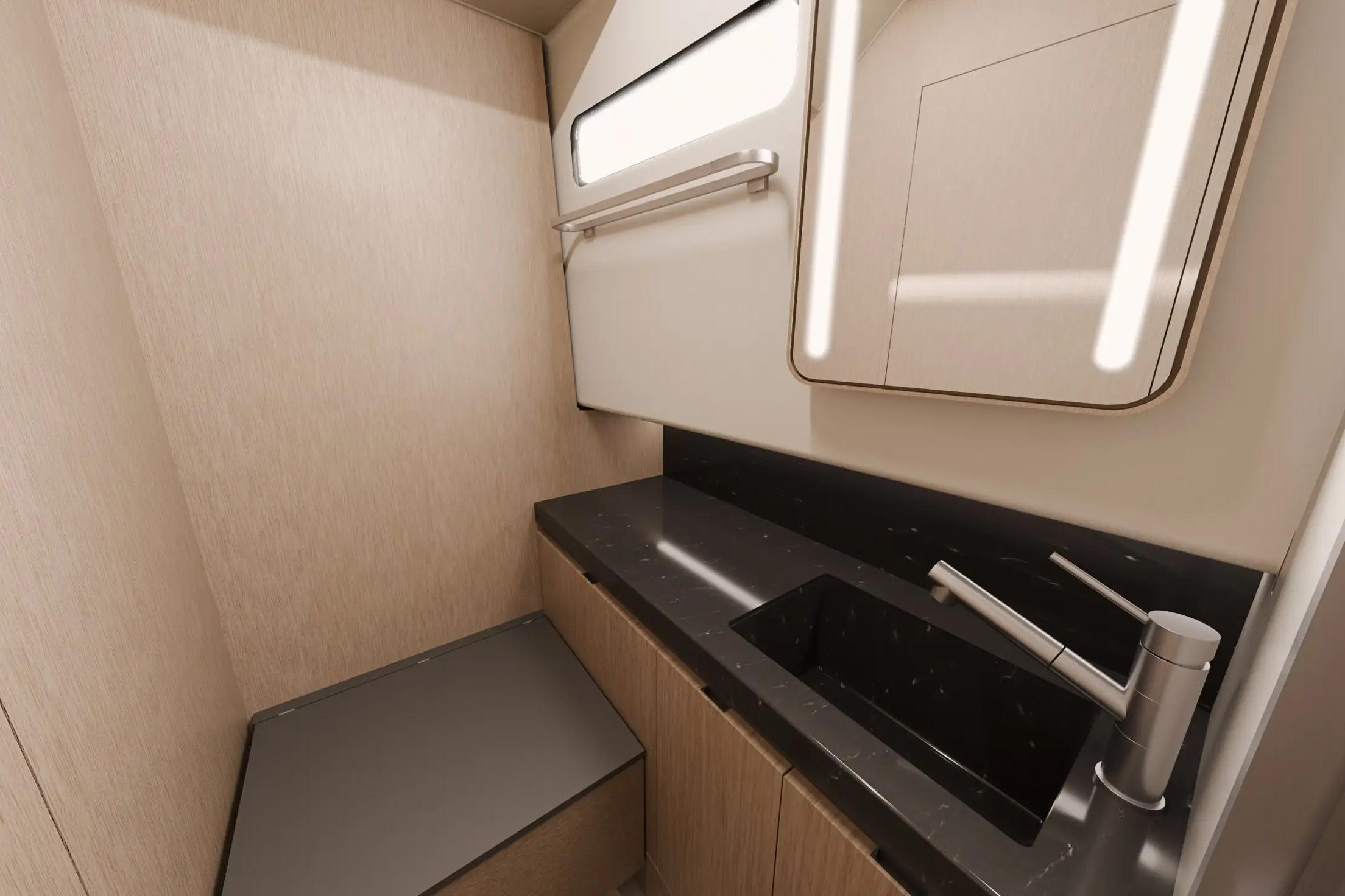 Modern bathroom interior of Aiata Sunfinder 50 yacht, 2026 model, featuring sleek design and fixtures.