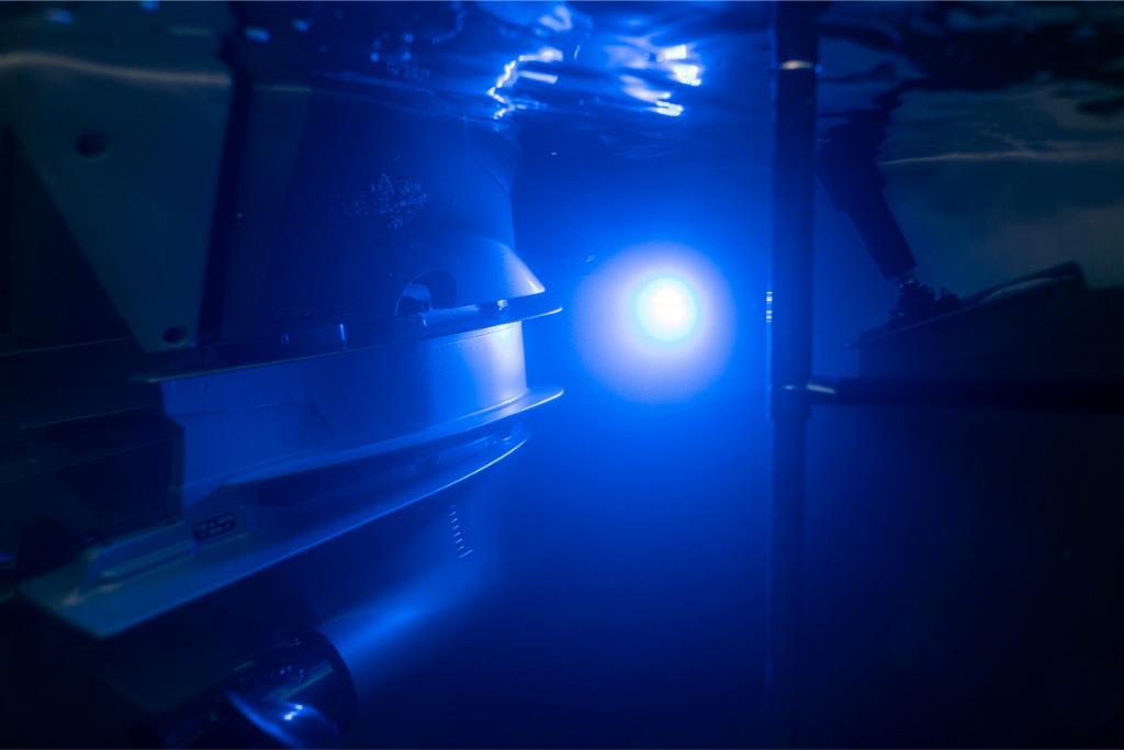 Underwater view of 2024 Boston Whaler 280 Dauntless with blue lighting.