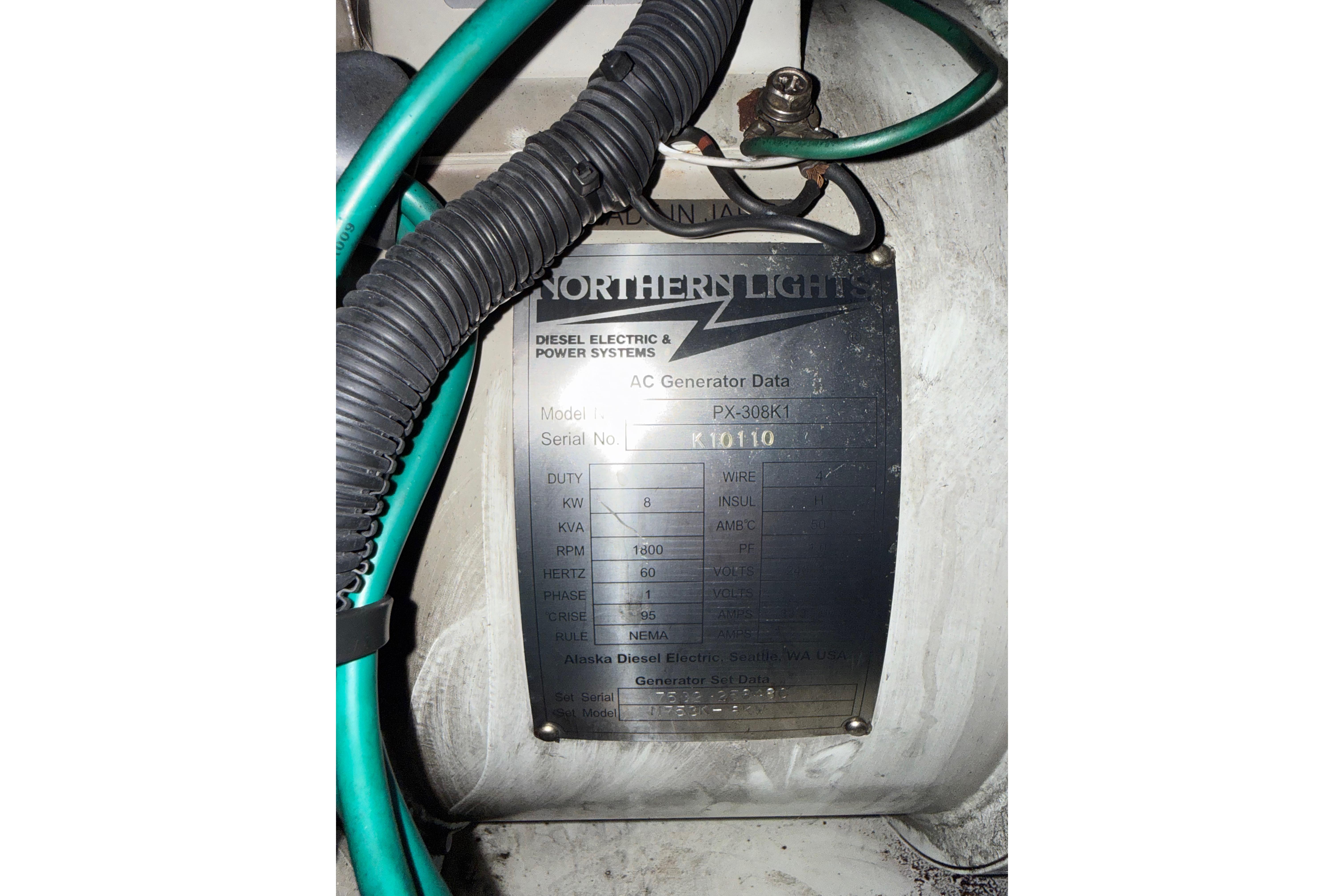 Northern Lights generator data plate on a 2001 Kadey-Krogen 39 boat.