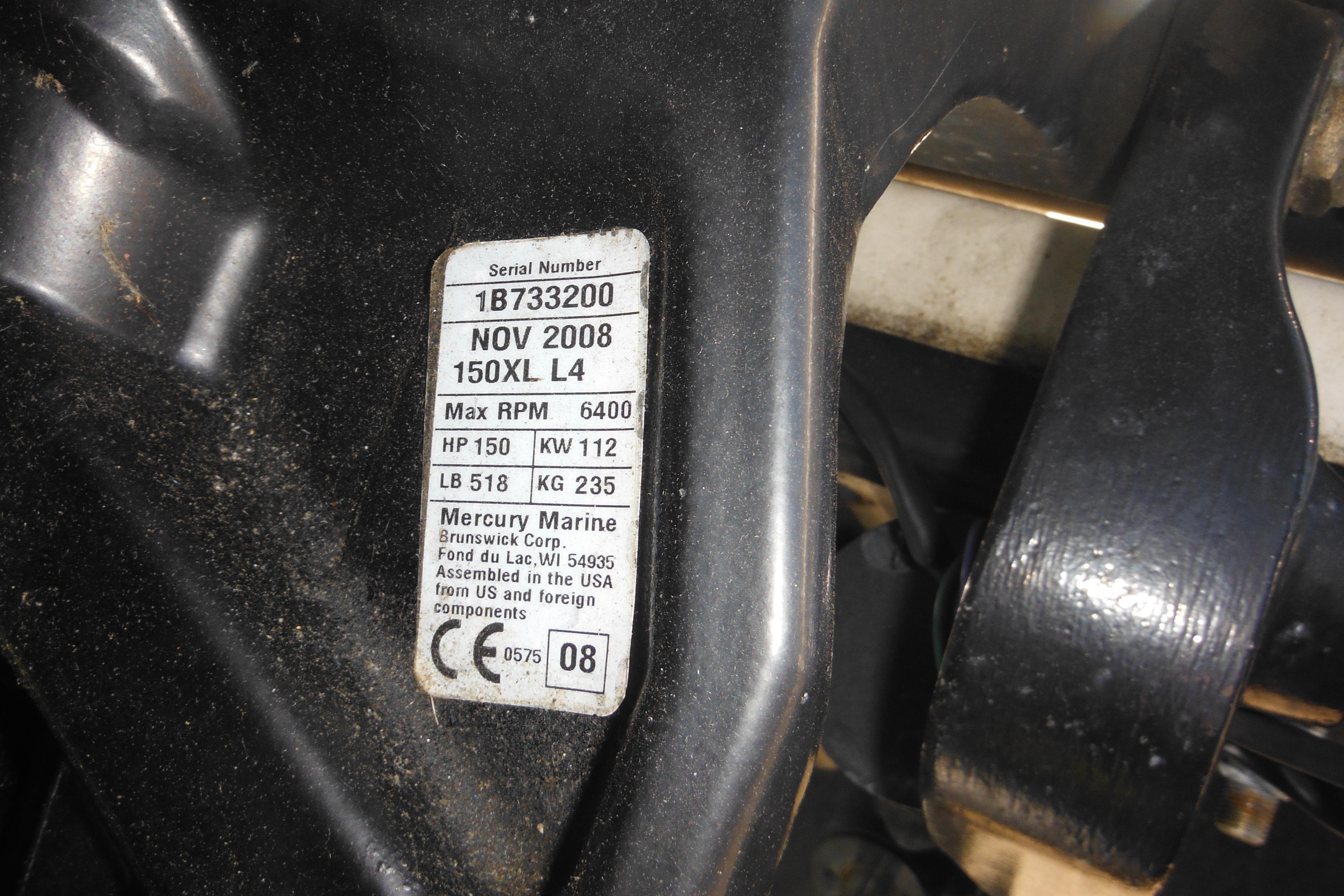 Label on Mercury Marine engine, 150XL L4, 150 HP, for 2009 Boston Whaler 200 Dauntless.