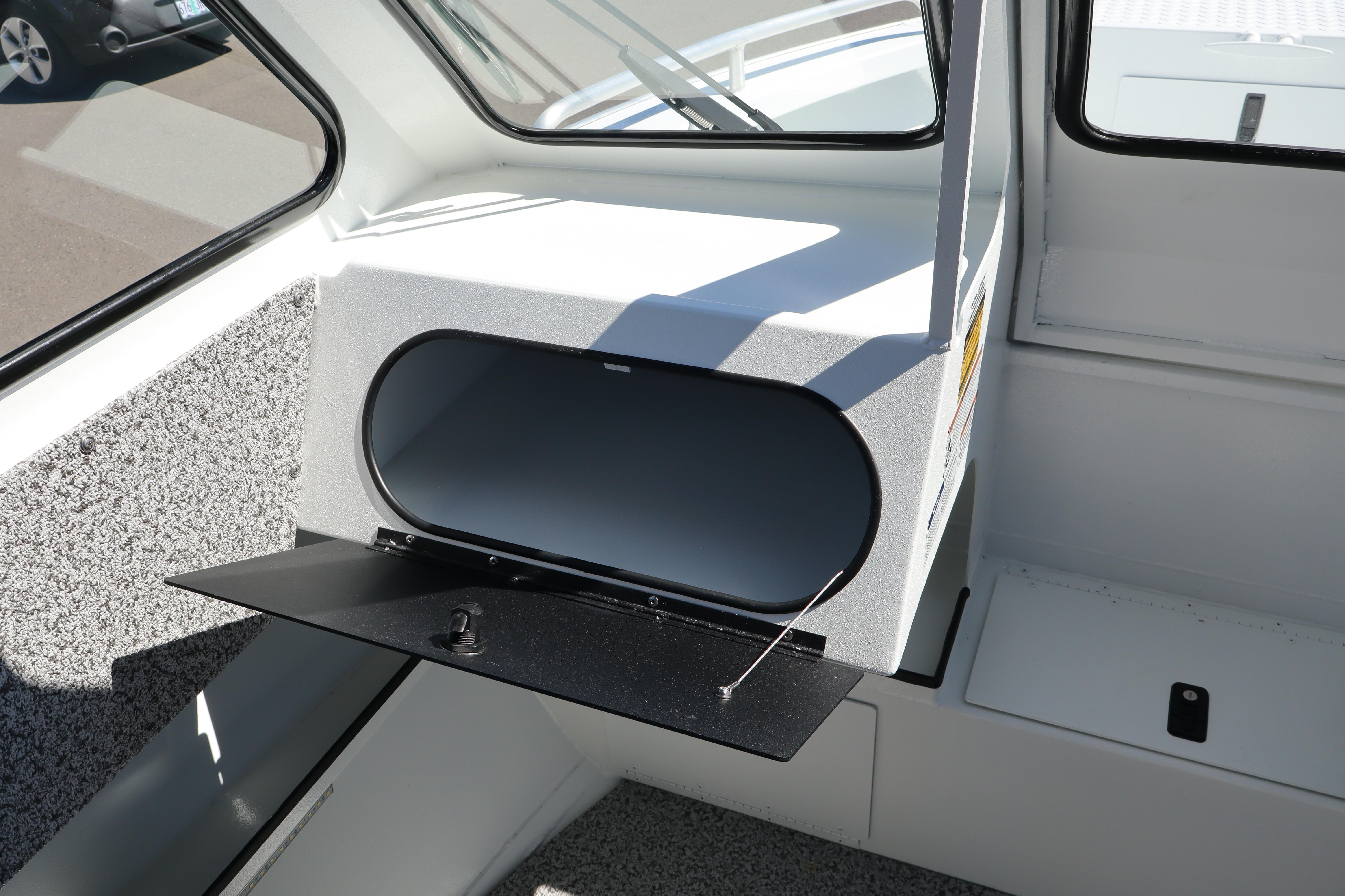 2026 Alumaweld Stryker 202 boat interior storage compartment with open hatch.