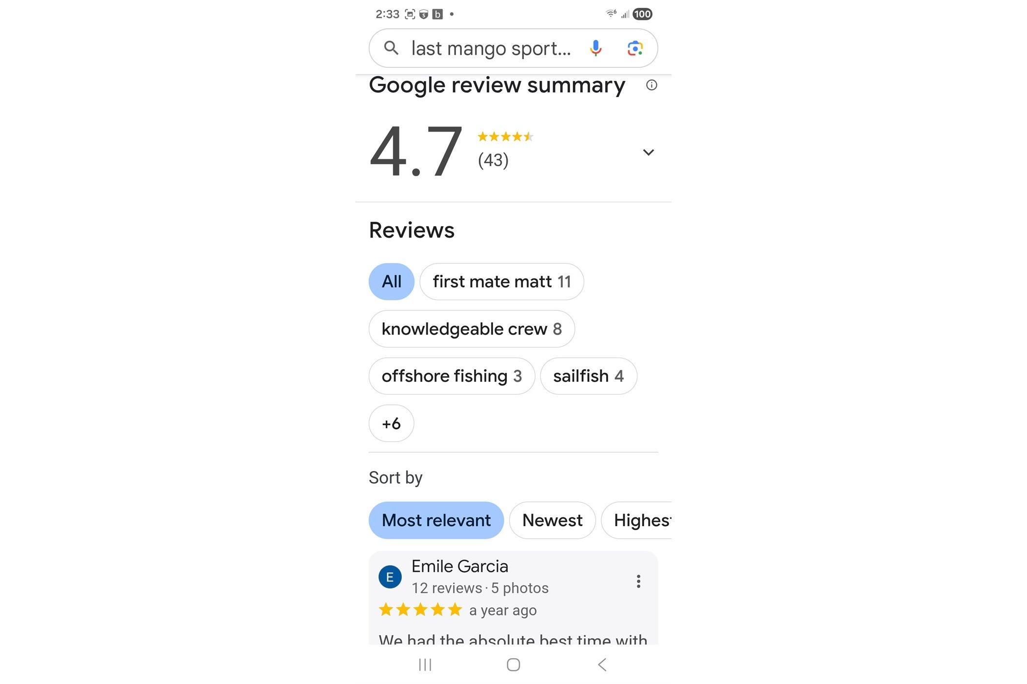 Google review summary for Young Brothers 1987 Custom Sport Fish, rated 4.7 stars with 43 reviews.