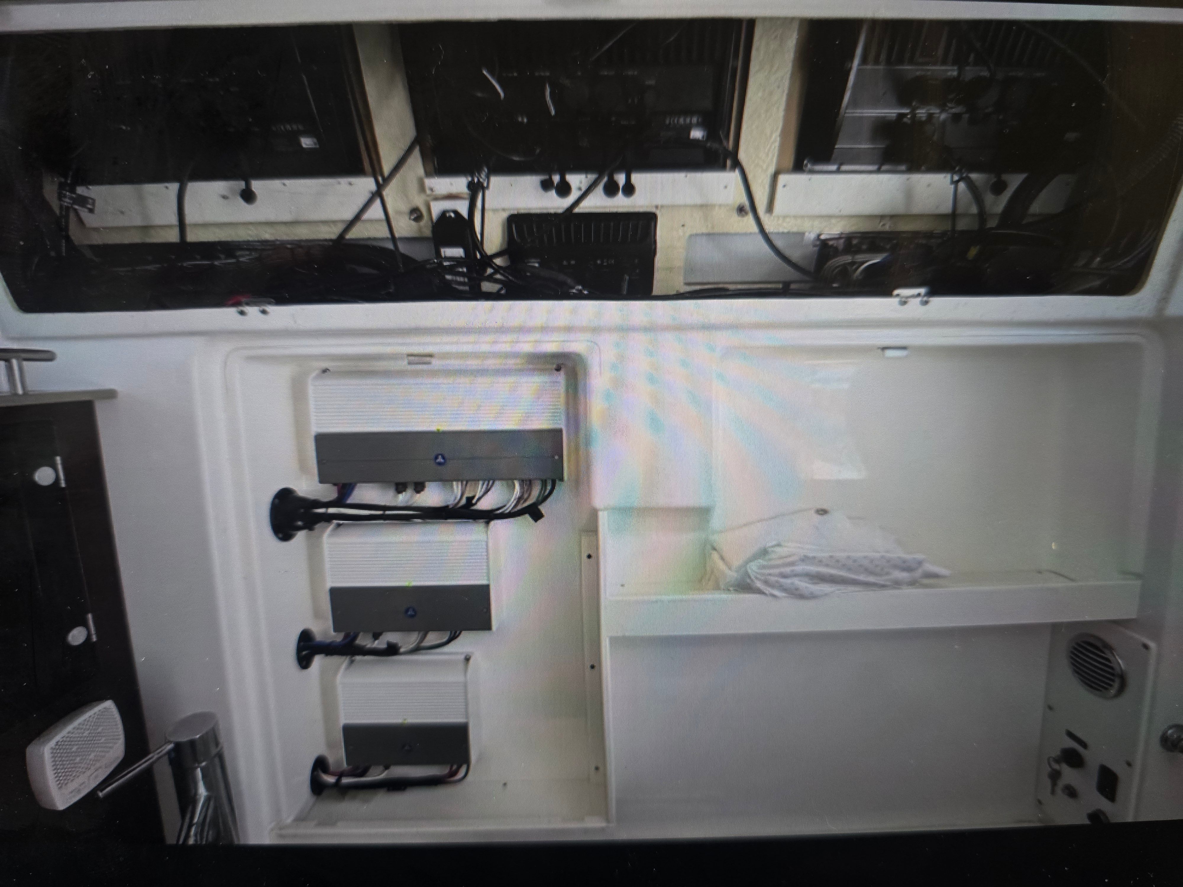 Electronics compartment of a 2019 Everglades 435 Center Console boat.