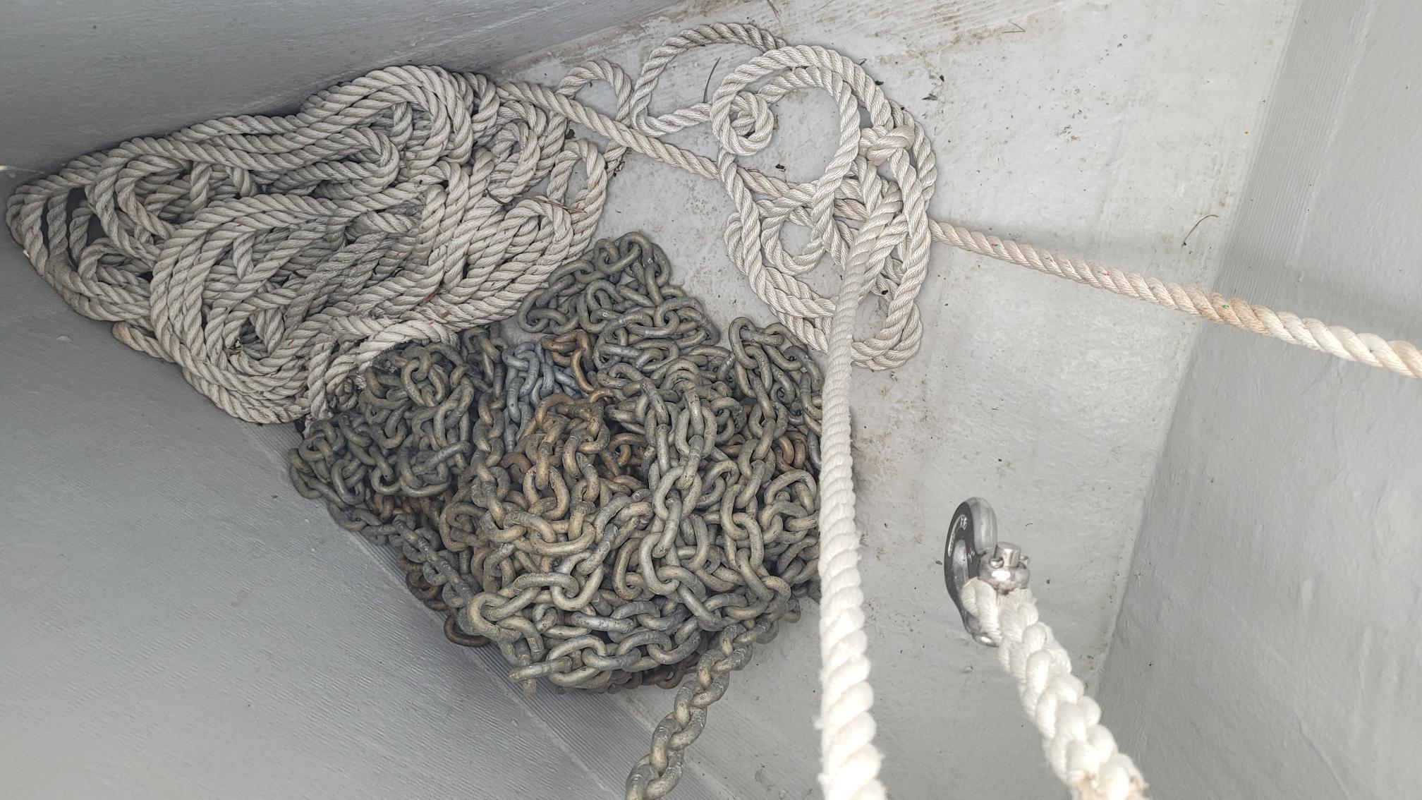 Anchor chain and rope in a Beneteau Oceanis 38.1 sailboat locker, 2020 model.
