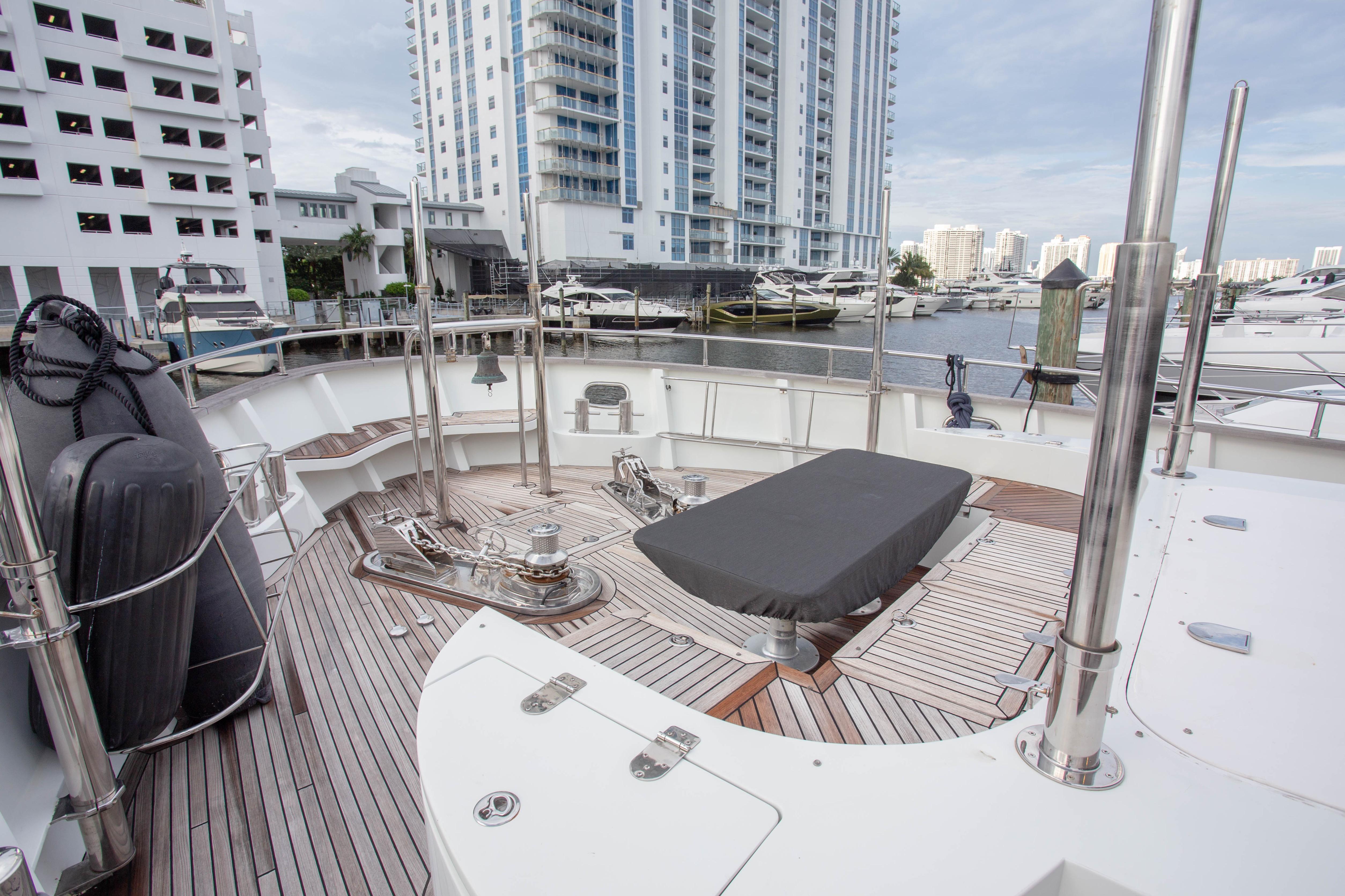 Deck view of 2014 Fifth Ocean Yachts 24m Displacement Explorer Yacht in marina.