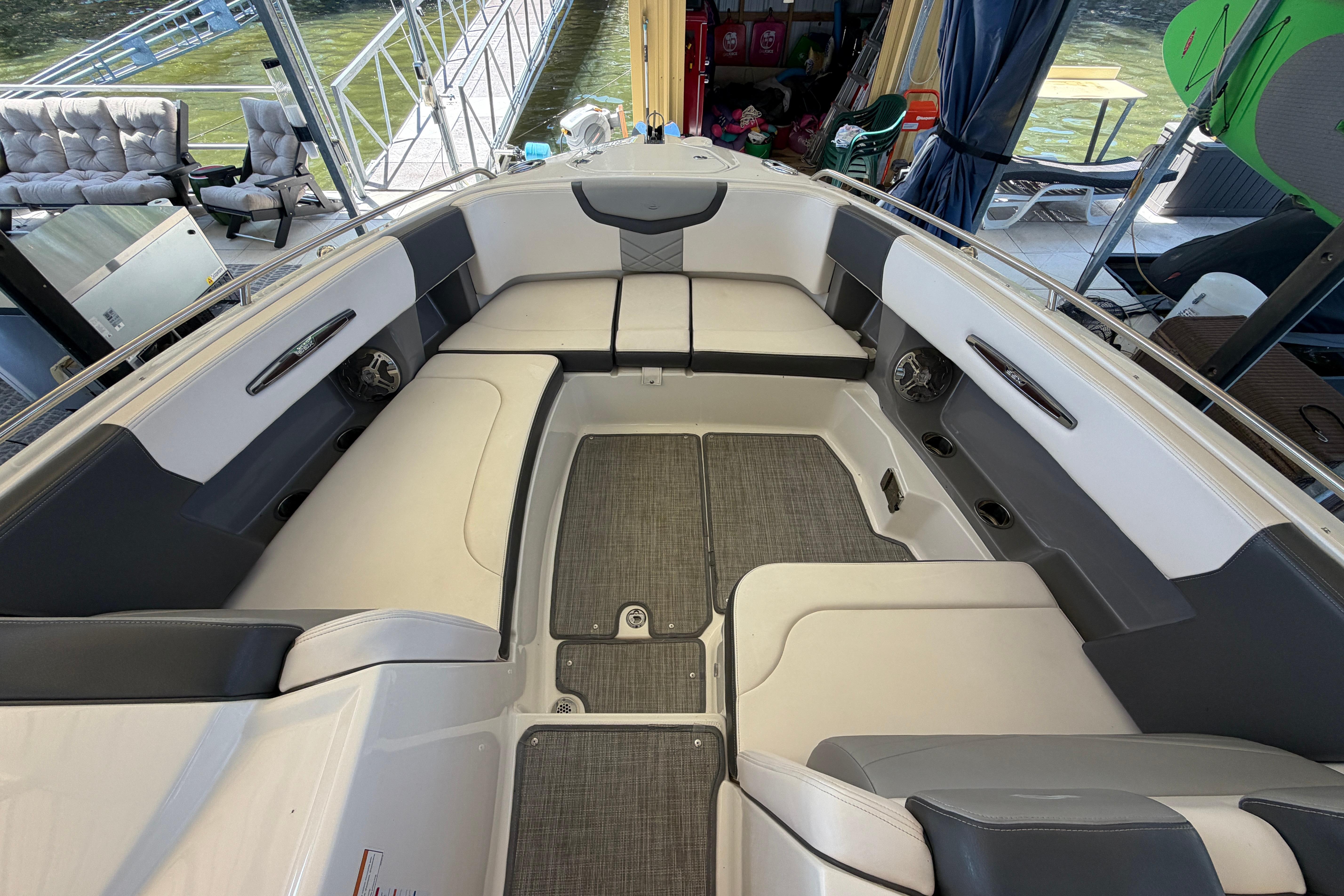 2018 Chaparral 347 SSX boat interior with spacious seating and modern design.