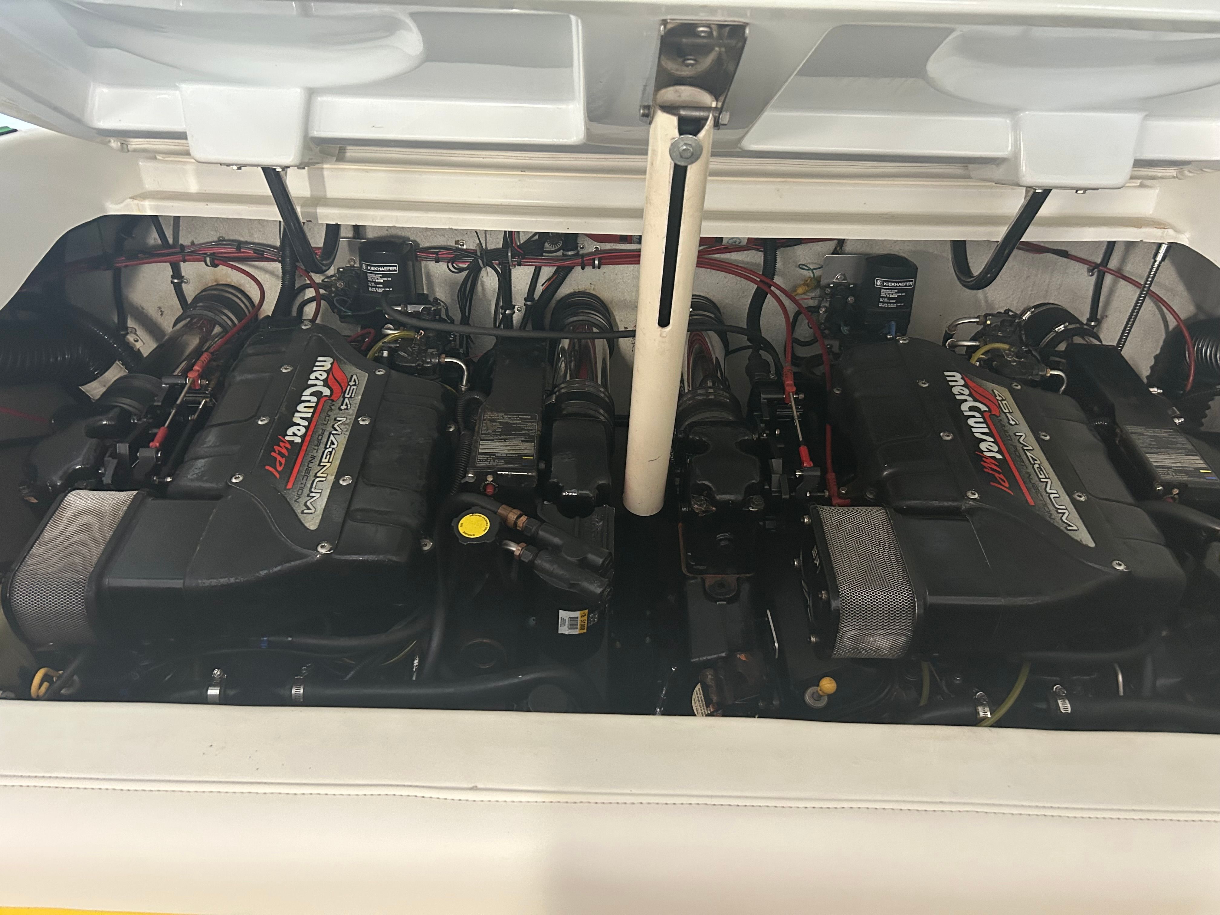 The engine compartment of a 1996 Baja 302 features two powerful engines.