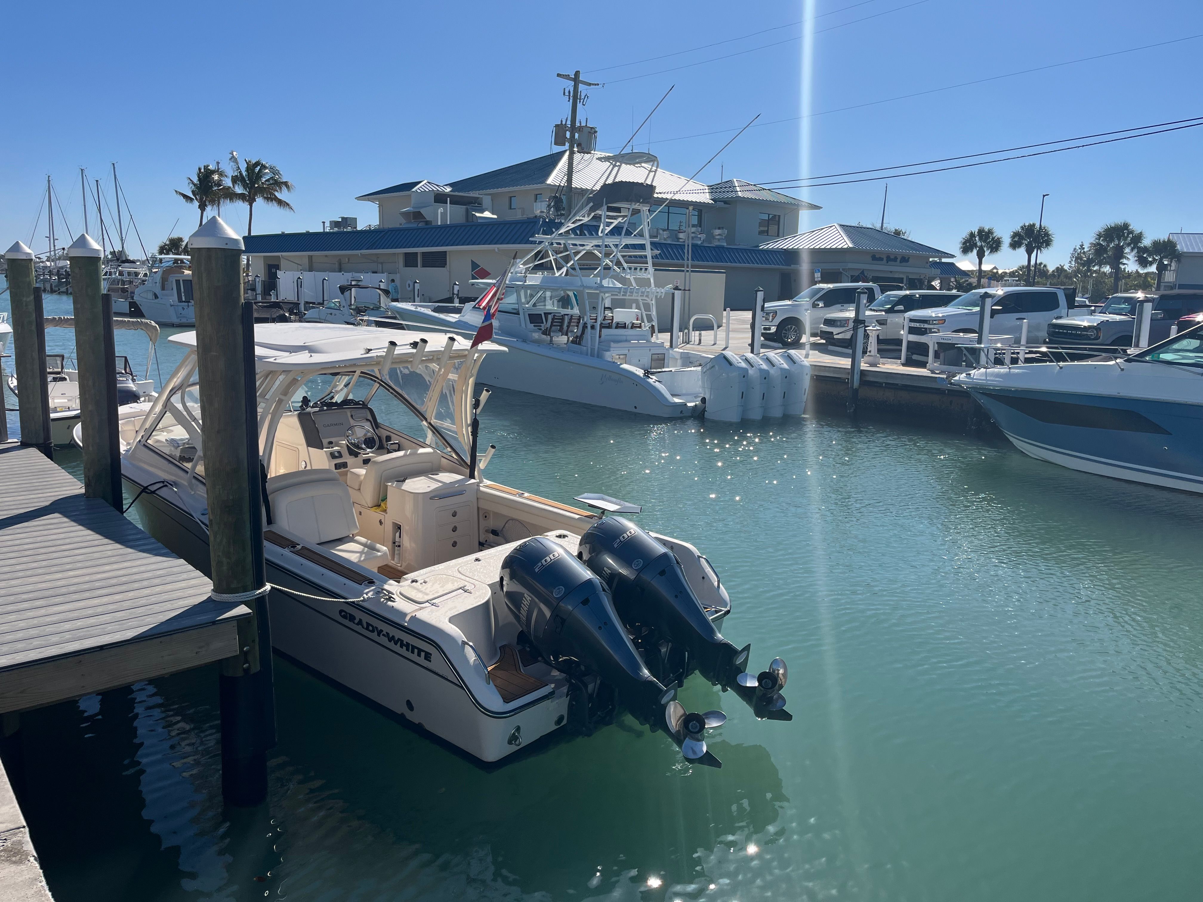 Grady-White Freedom 275 boat docked at marina, 2022 model.