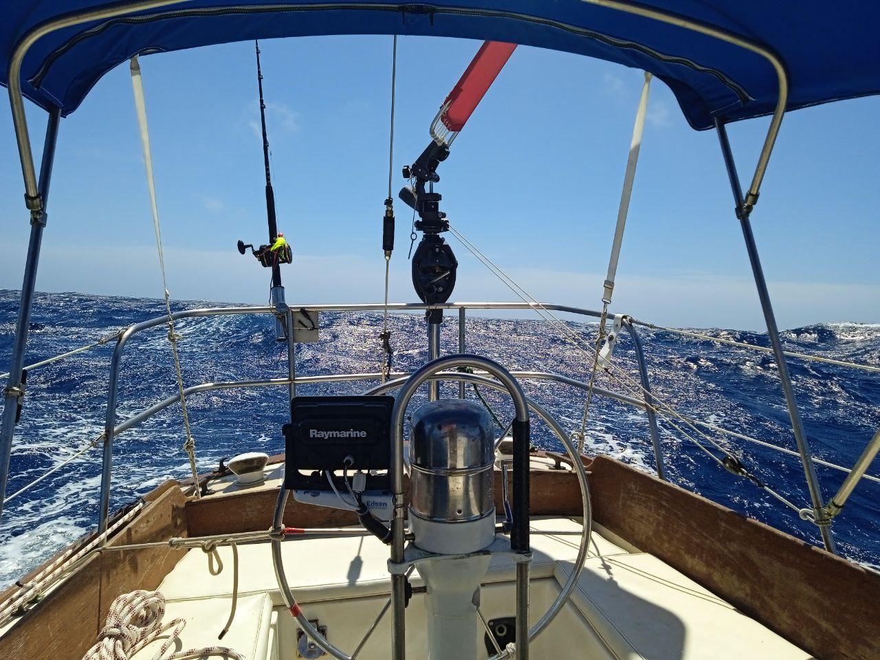 Sailing on a 1983 Cape Dory 36 yacht in open ocean under clear blue skies.