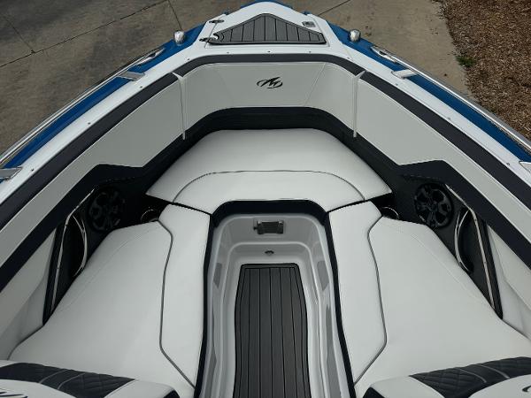 2018 Monterey 258 Super Sport boat interior with white seating and sleek design.
