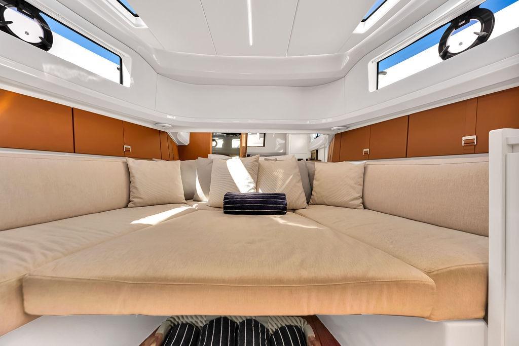 Luxurious interior of 2021 Bluegame BG 42 yacht with spacious seating and elegant design.