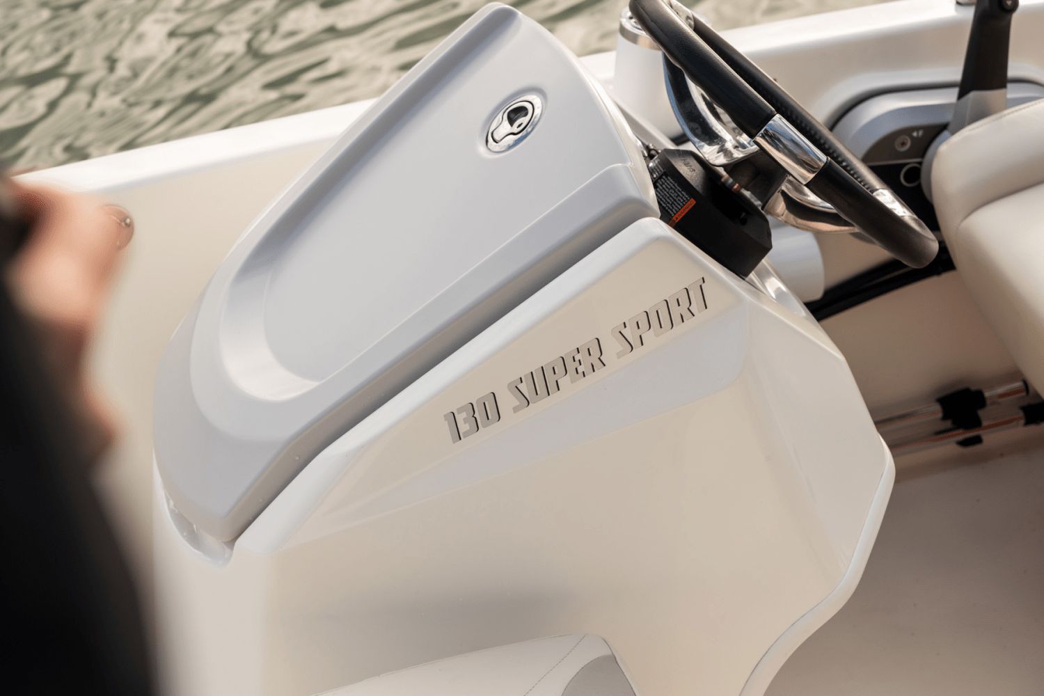 Close-up of the helm of a 2026 Boston Whaler 130 Super Sport.