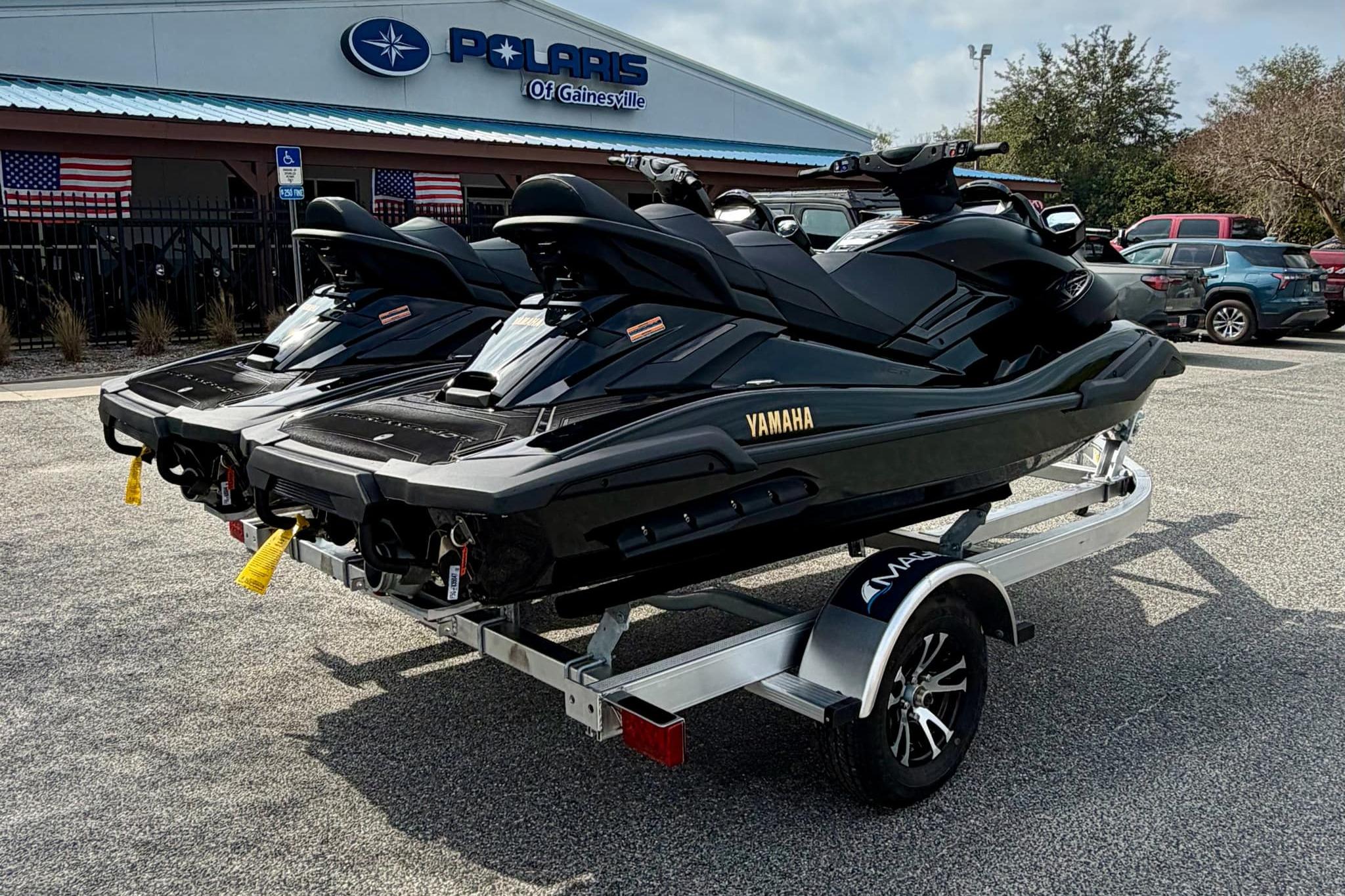 2026 Yamaha WaveRunner FX Limited SVHO jet skis on a trailer at Polaris dealership.