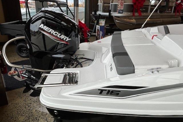2026 Tahoe T16 boat with Mercury engine, sleek design, and modern features.