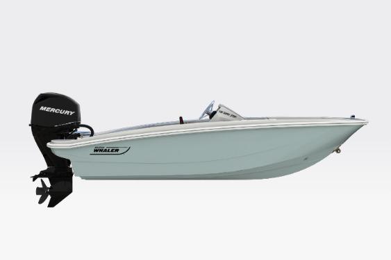2026 Boston Whaler 130 Super Sport boat with Mercury engine, side view.