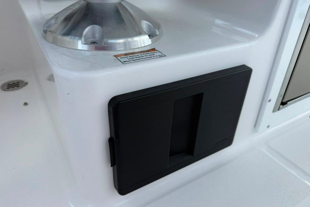 2026 Sea Fox 288 Traveler boat interior detail with black panel and metallic fixture.
