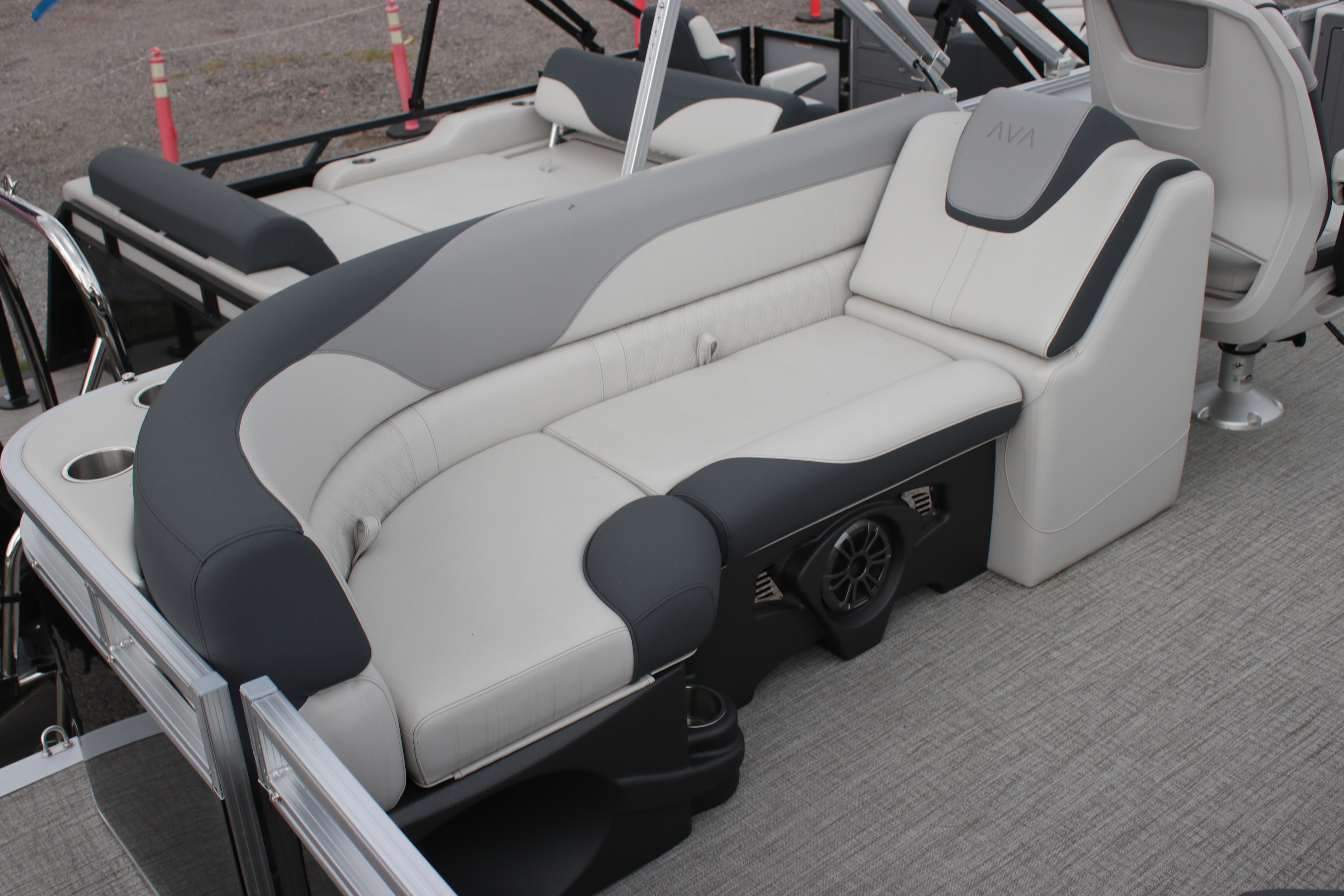 2025 Avalon LSZ Quad Lounger boat seating with gray and white upholstery.