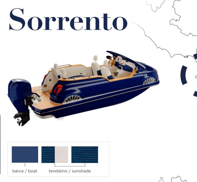 Fiat 500 Classic boat design, 2025 model, in Sorrento blue with sunshade options.