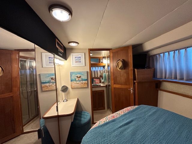 Interior of Carver 3807 Aft Cabin Yacht, cozy and stylishly furnished.
