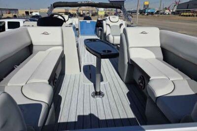 2026 SunCatcher Select 322RC pontoon boat with spacious seating and sleek design.