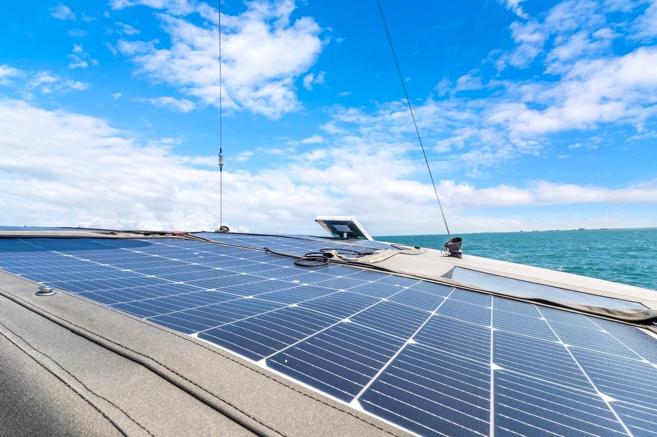 Solar panels on Southerly 57 RS yacht under clear blue sky, 2011 model.