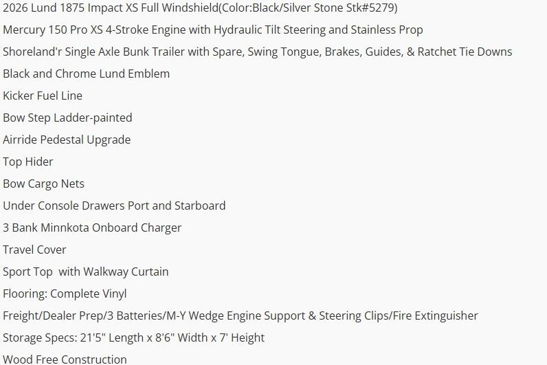 2026 Lund 1875 Impact XS Sport boat features and specifications list.