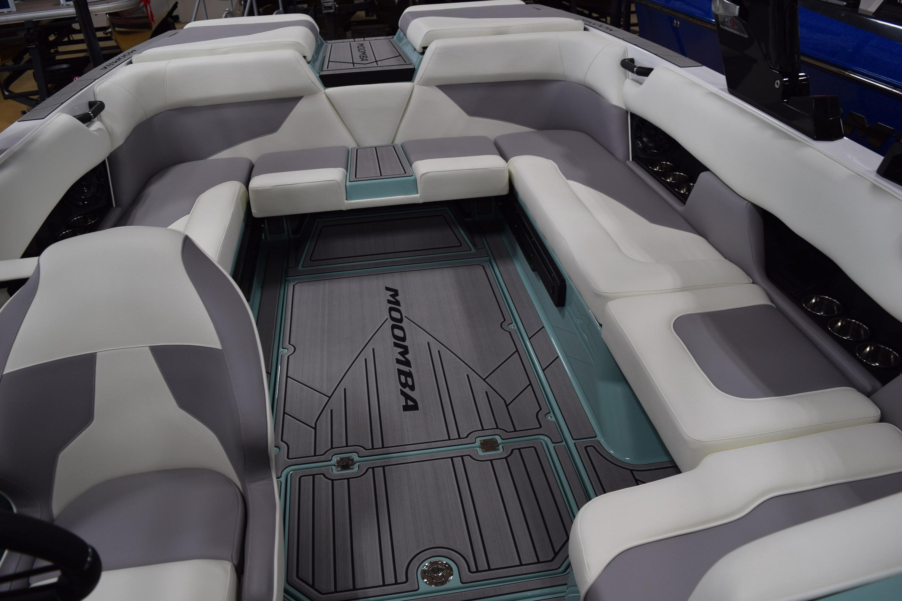 2025 Moomba Mojo boat interior with spacious seating and stylish design.