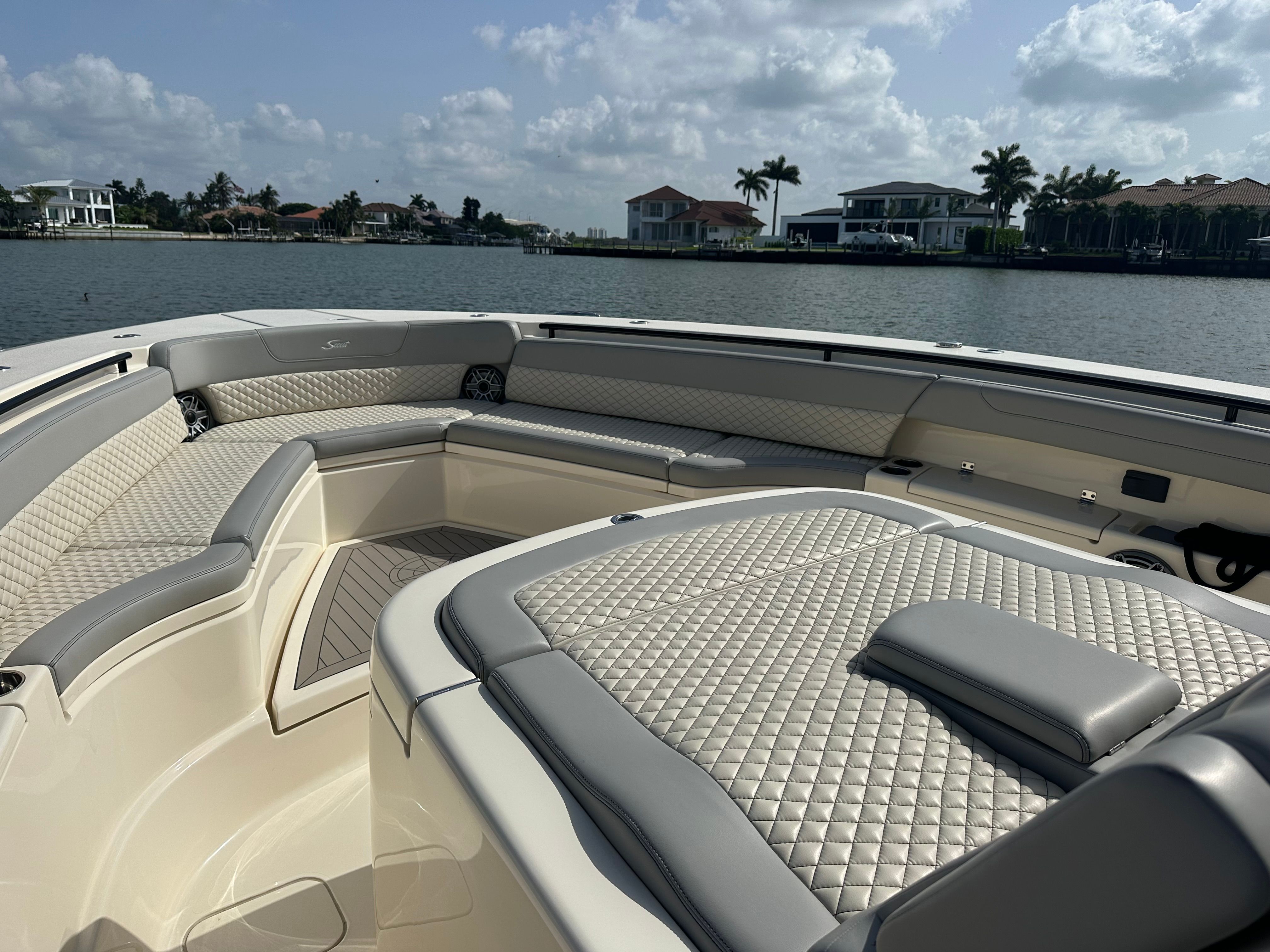 Luxurious interior of Scout 425 LXF yacht, 2022 model.